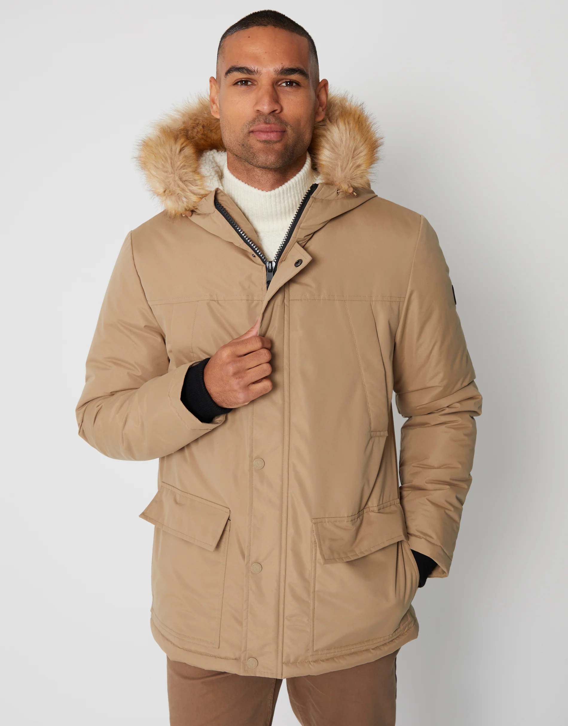 Showerproof Parka Jacket with Borg-Lined Hood in Camel Brown - Image 4