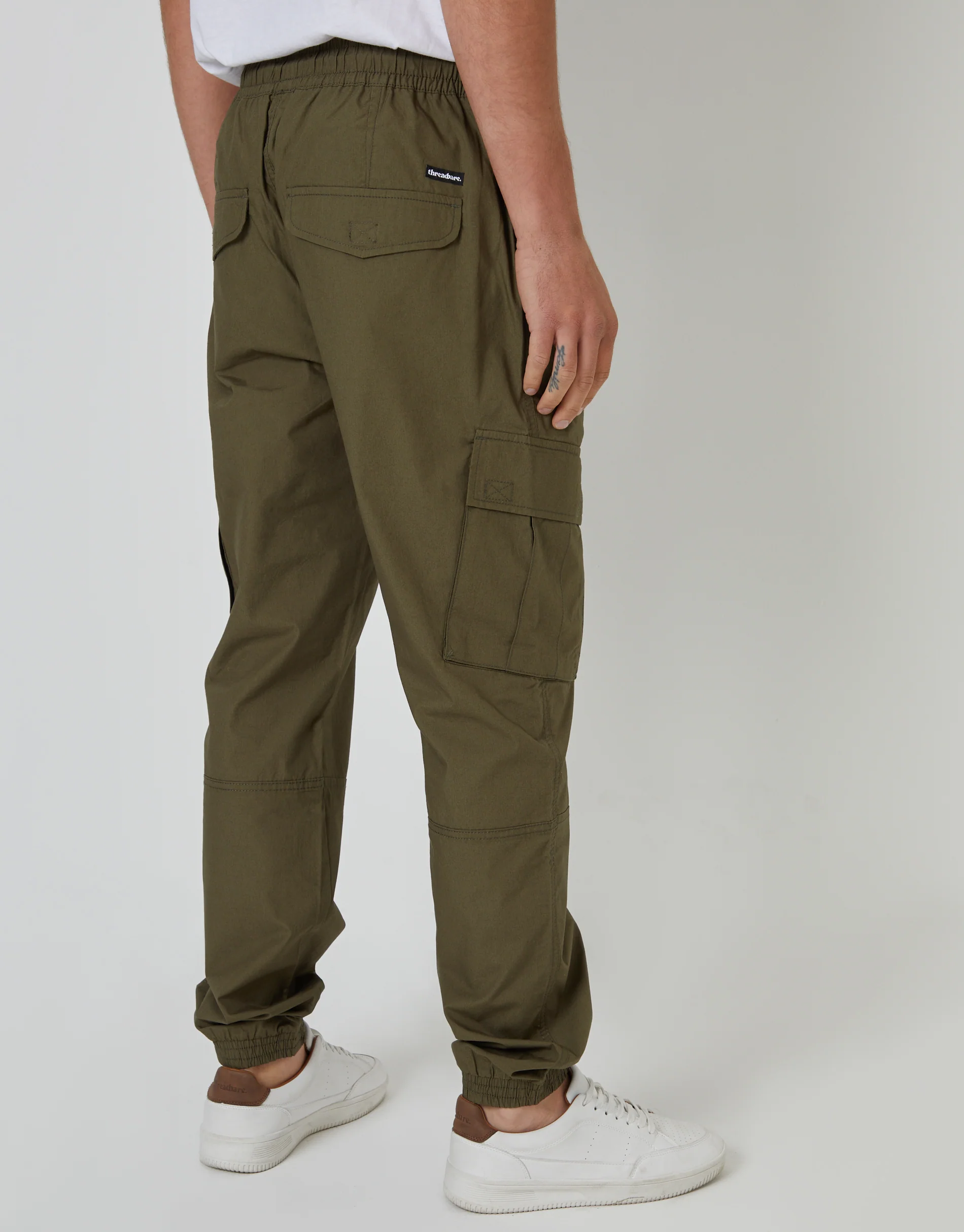 Elasticated Waist Cargo Trousers in Khaki Green - Image 3