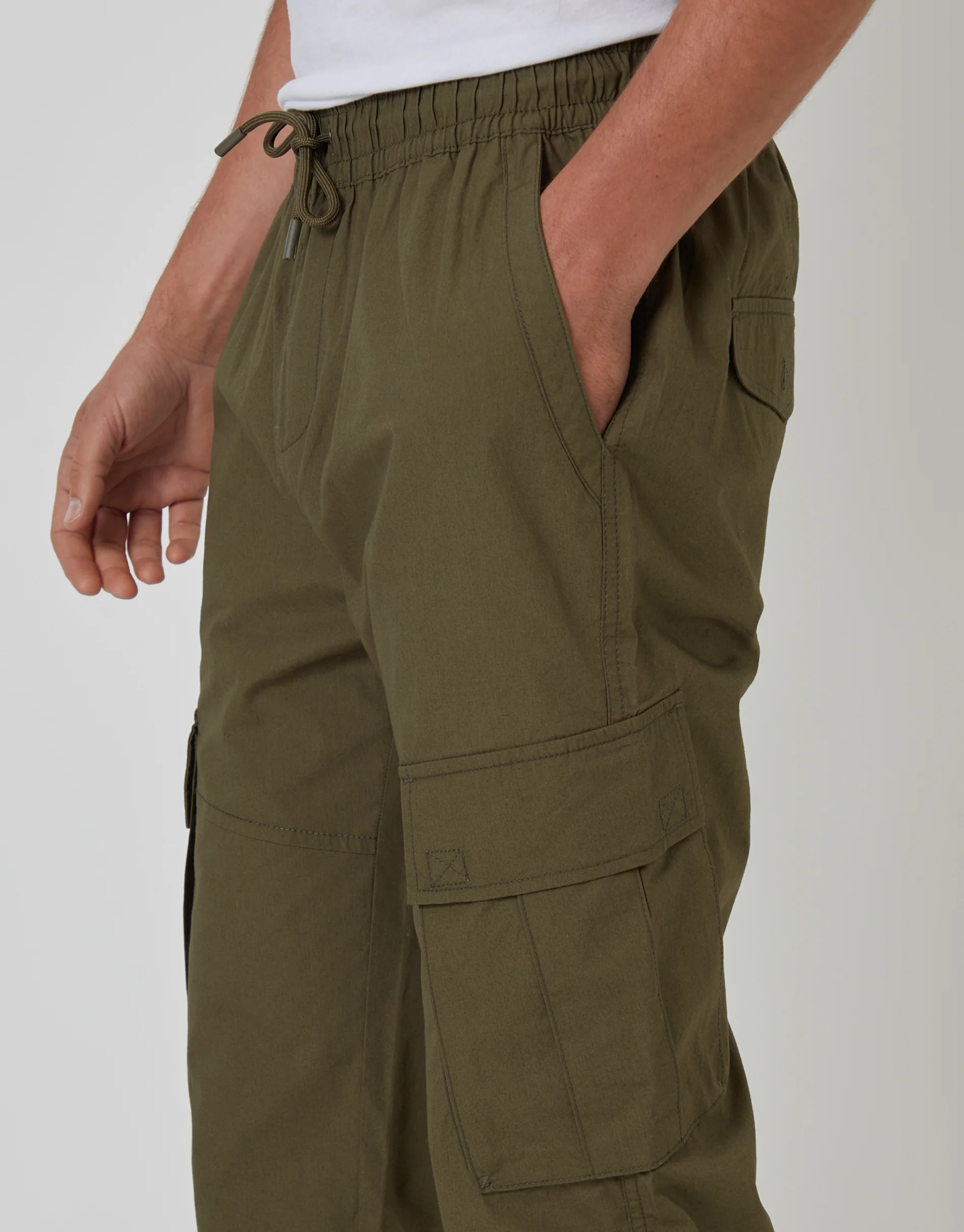 Elasticated Waist Cargo Trousers in Khaki Green - Image 4