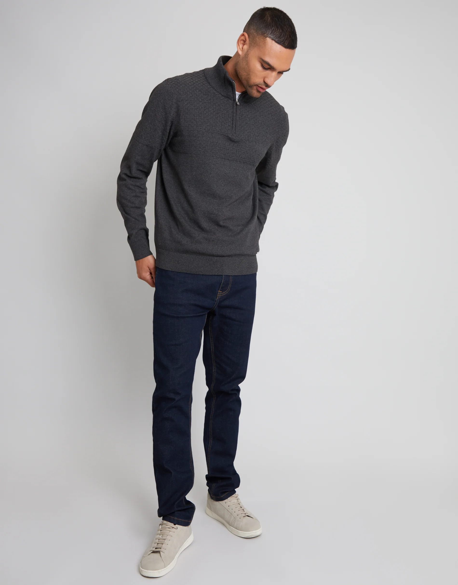 Basket Stitch Detail Knitted Quarter Zip Jumper in Charcoal Grey - Image 3