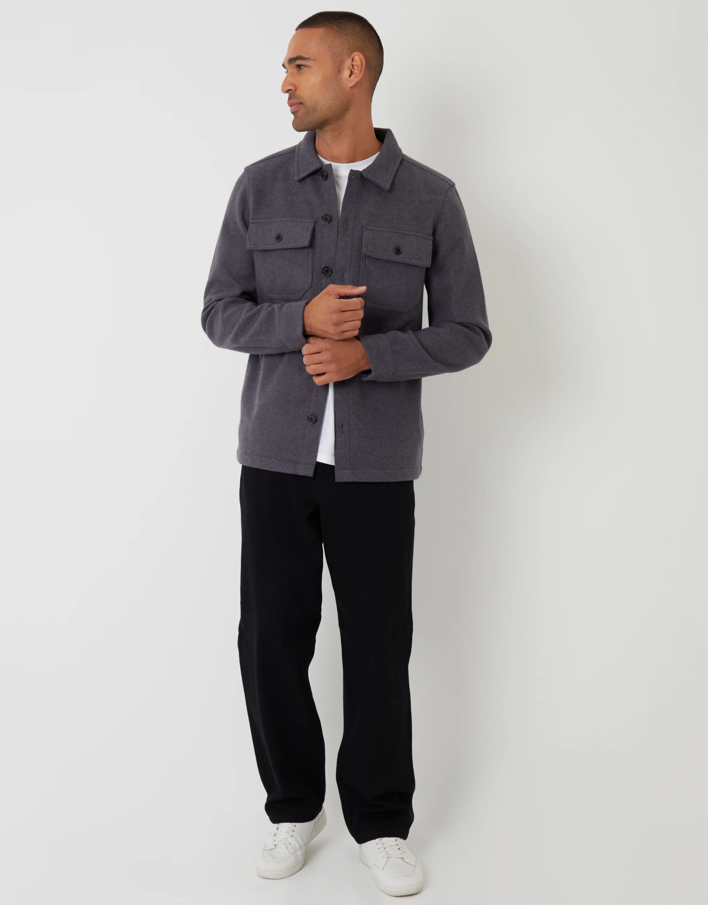 Faux Wool Button Up Shacket in Charcoal Grey - Image 3