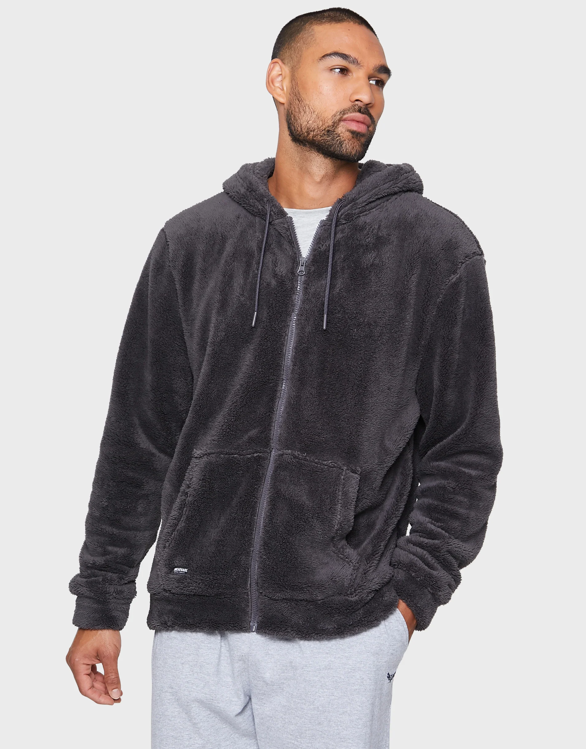 Borg Zip-Through Lounge Hoodie in Charcoal Grey