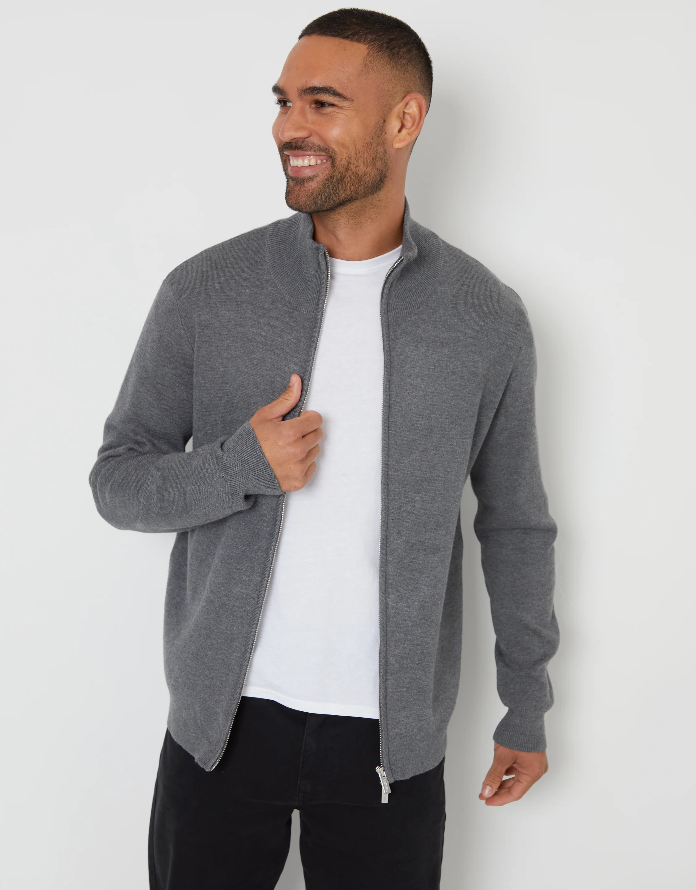 Zip-Through Funnel Neck Knitted Cardigan in Charcoal Grey Marl