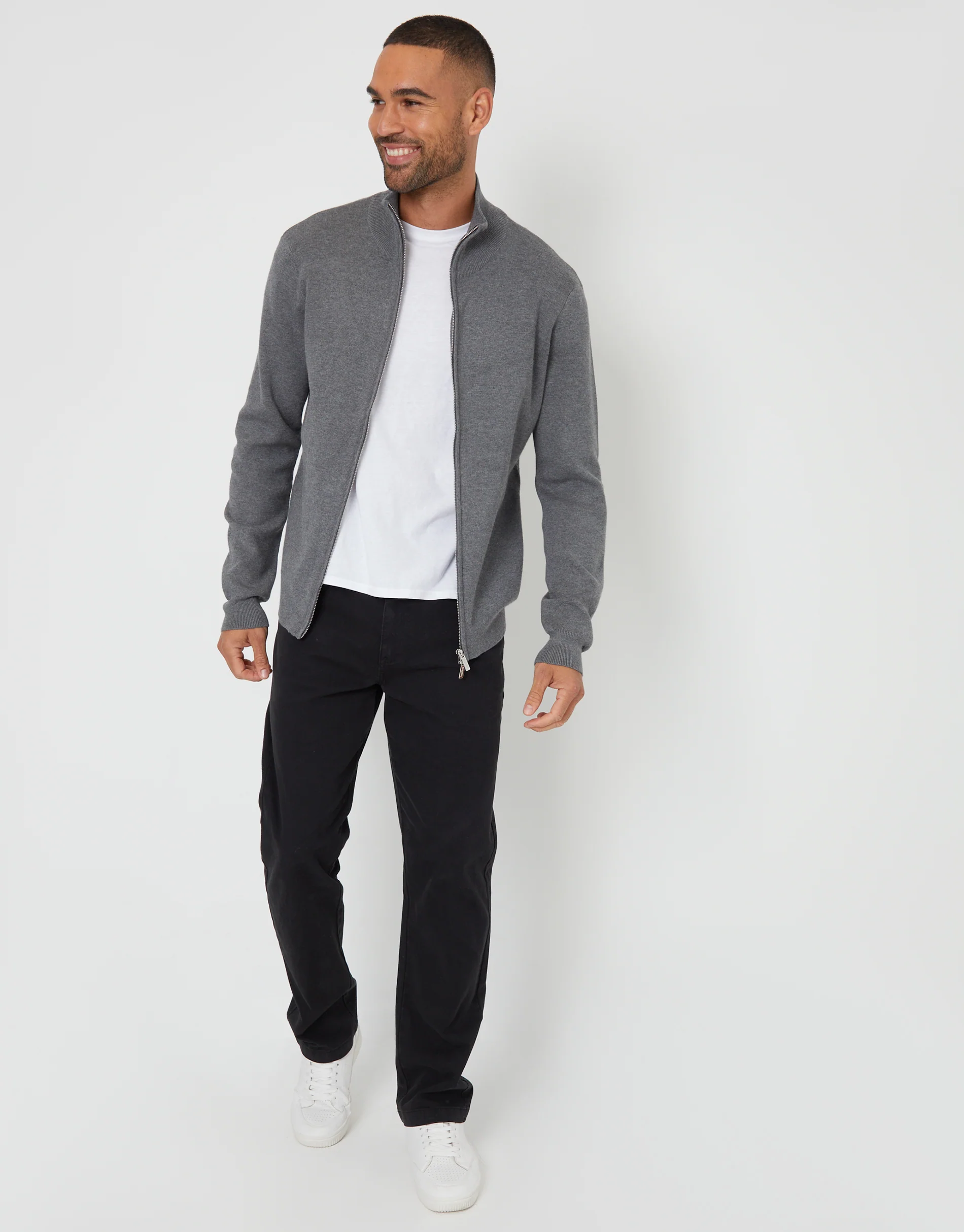 Zip-Through Funnel Neck Knitted Cardigan in Charcoal Grey Marl - Image 4