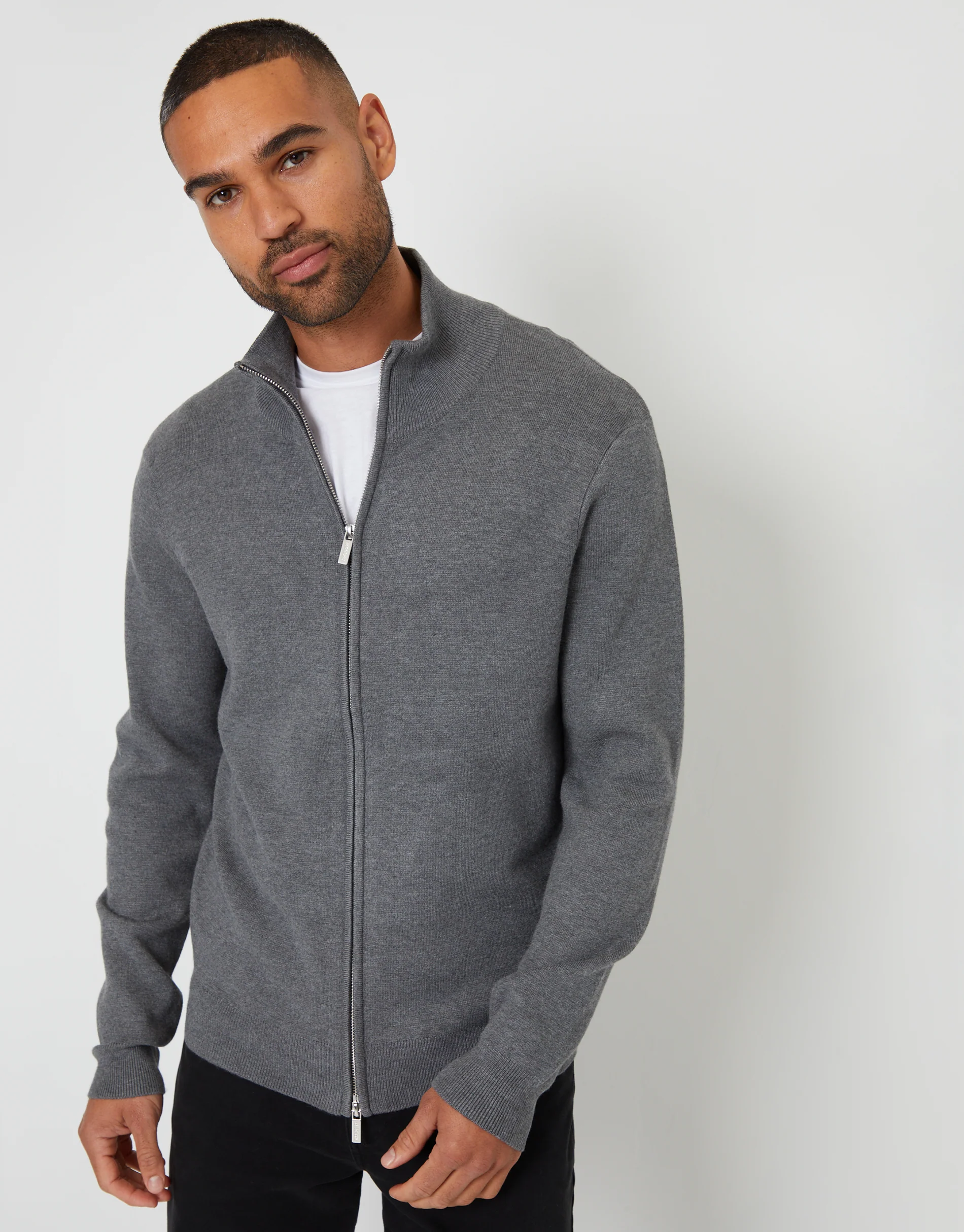 Zip-Through Funnel Neck Knitted Cardigan in Charcoal Grey Marl - Image 5