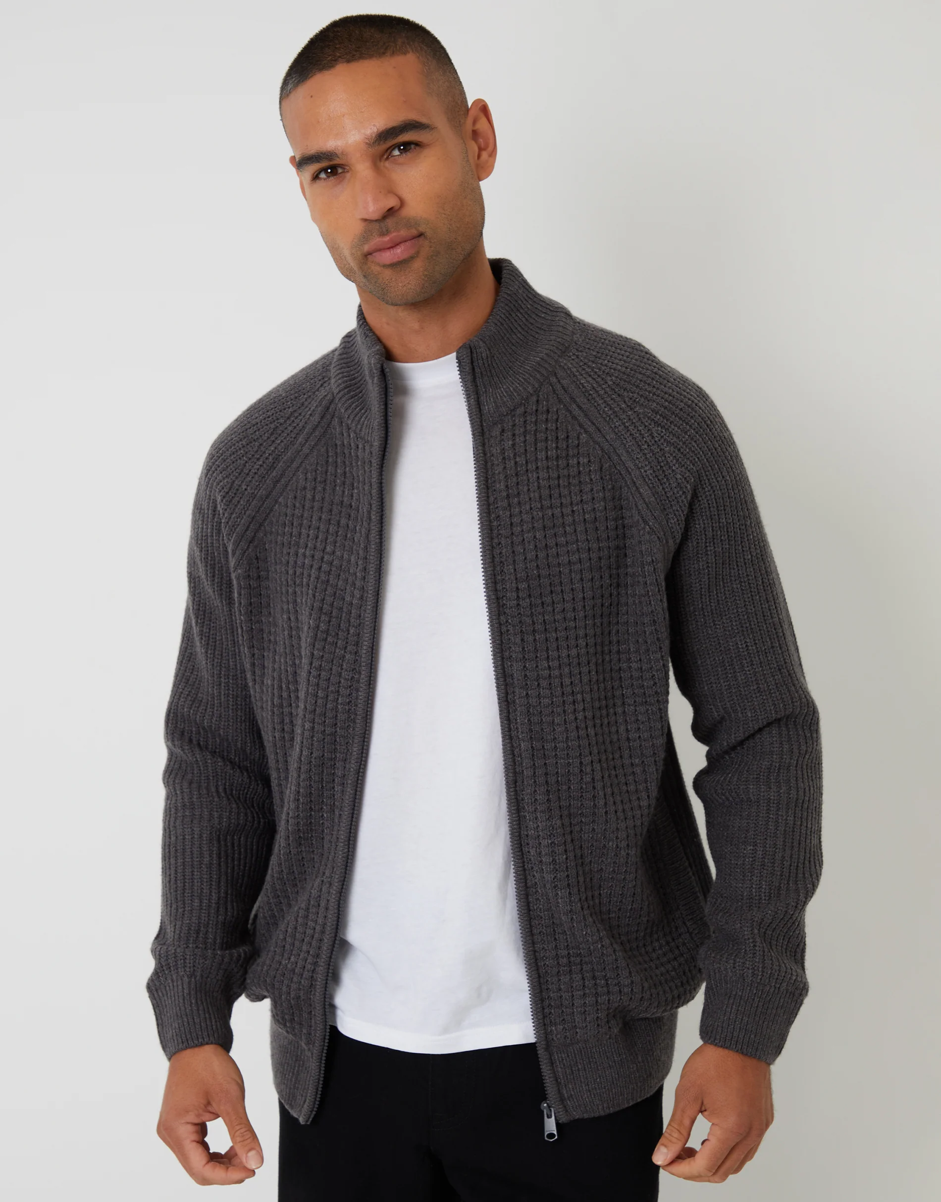 Zip Up Microfleece Lined Cardigan in Charcoal Grey Marl