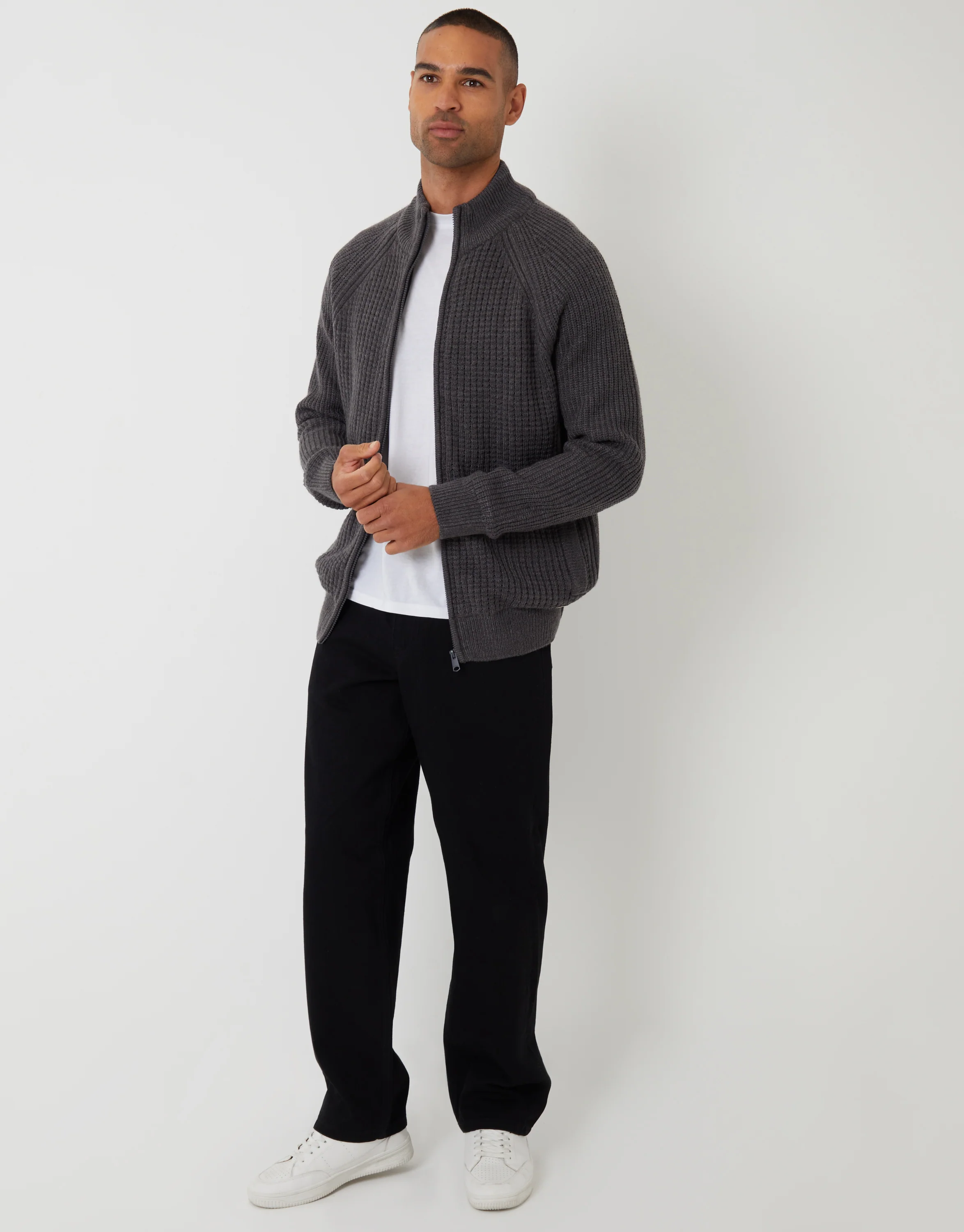 Zip Up Microfleece Lined Cardigan in Charcoal Grey Marl - Image 3