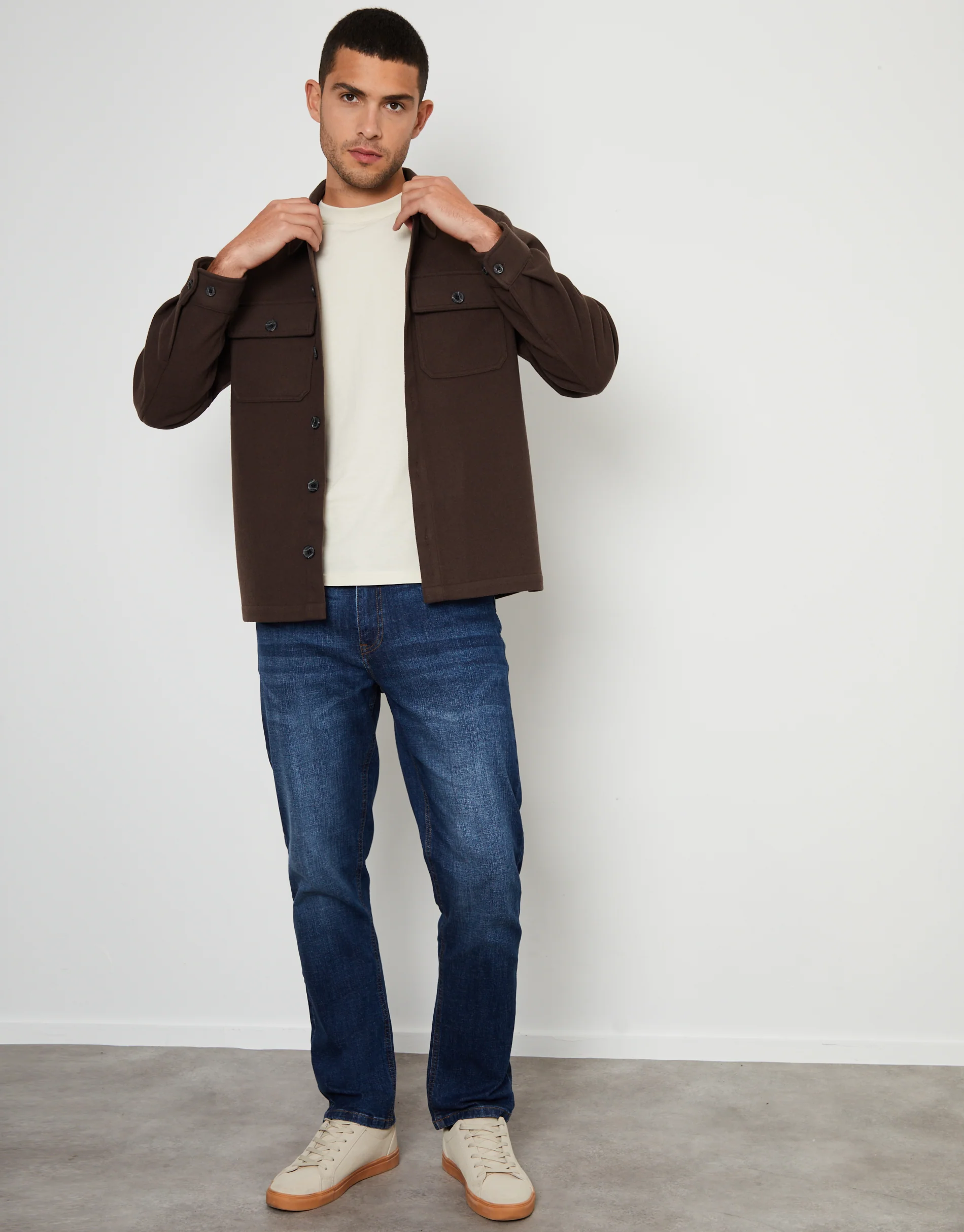 Faux Wool Button Up Shacket in Chocolate Brown - Image 3