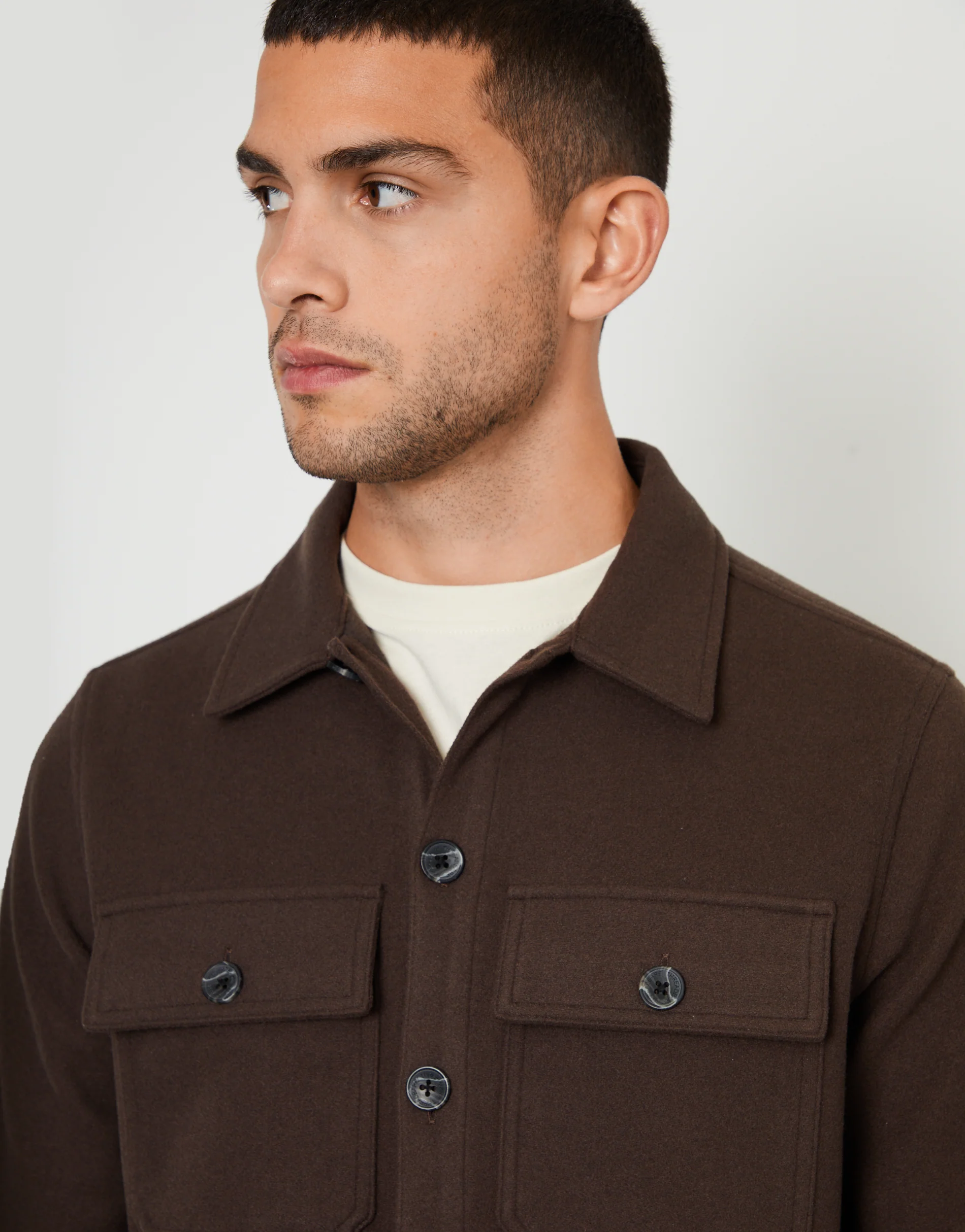 Faux Wool Button Up Shacket in Chocolate Brown - Image 4