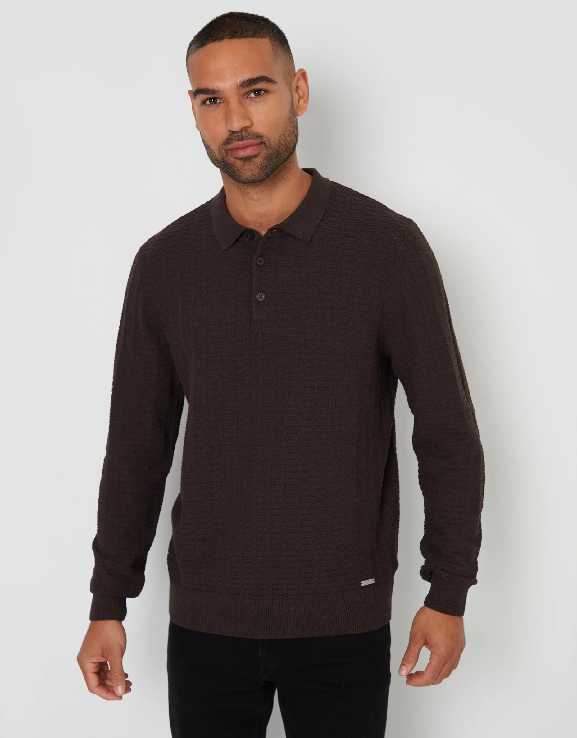 Long Sleeve Textured Knitted Polo Jumper in Chocolate Brown