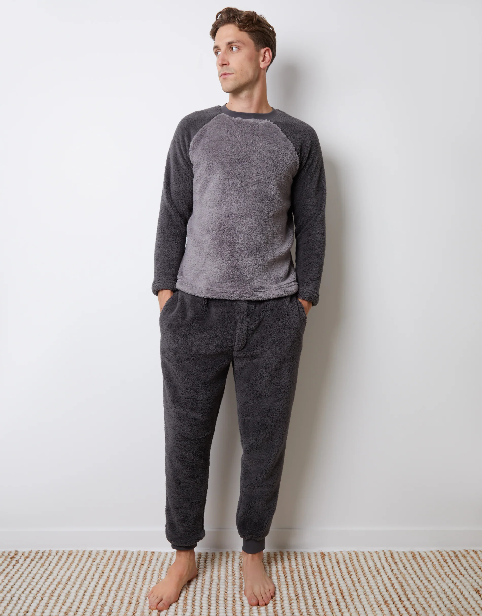 Borg Raglan Sweatshirt Lounge Set in Charcoal Grey