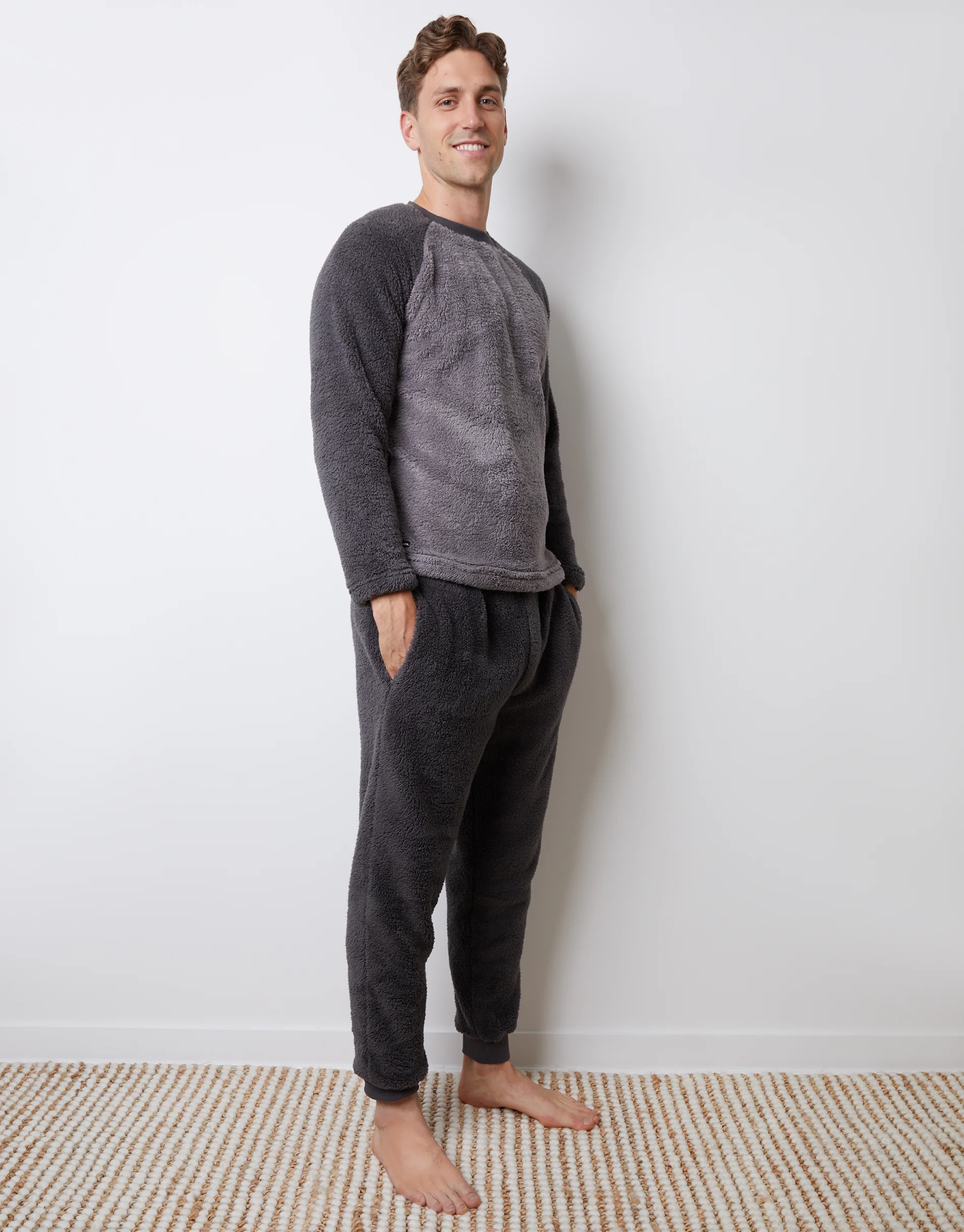 Borg Raglan Sweatshirt Lounge Set in Charcoal Grey - Image 3
