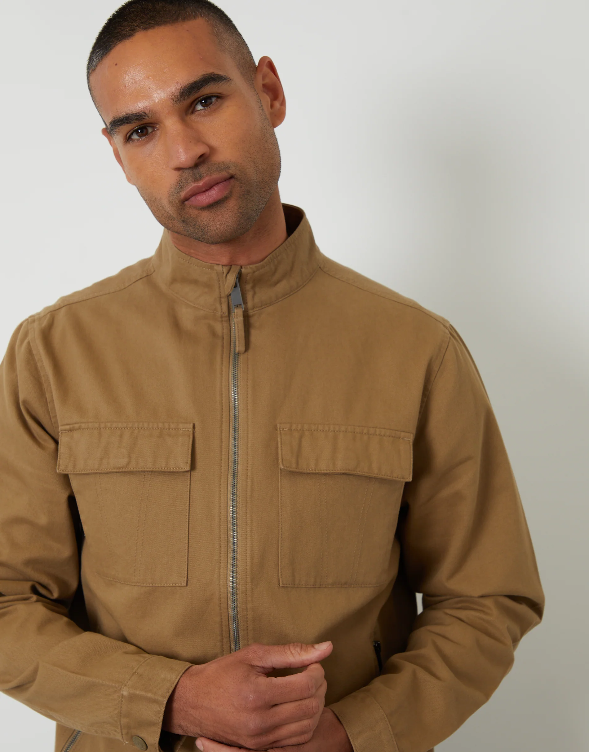 Cotton Twill Lightweight Funnel Neck Jacket in Dark Stone - Image 4