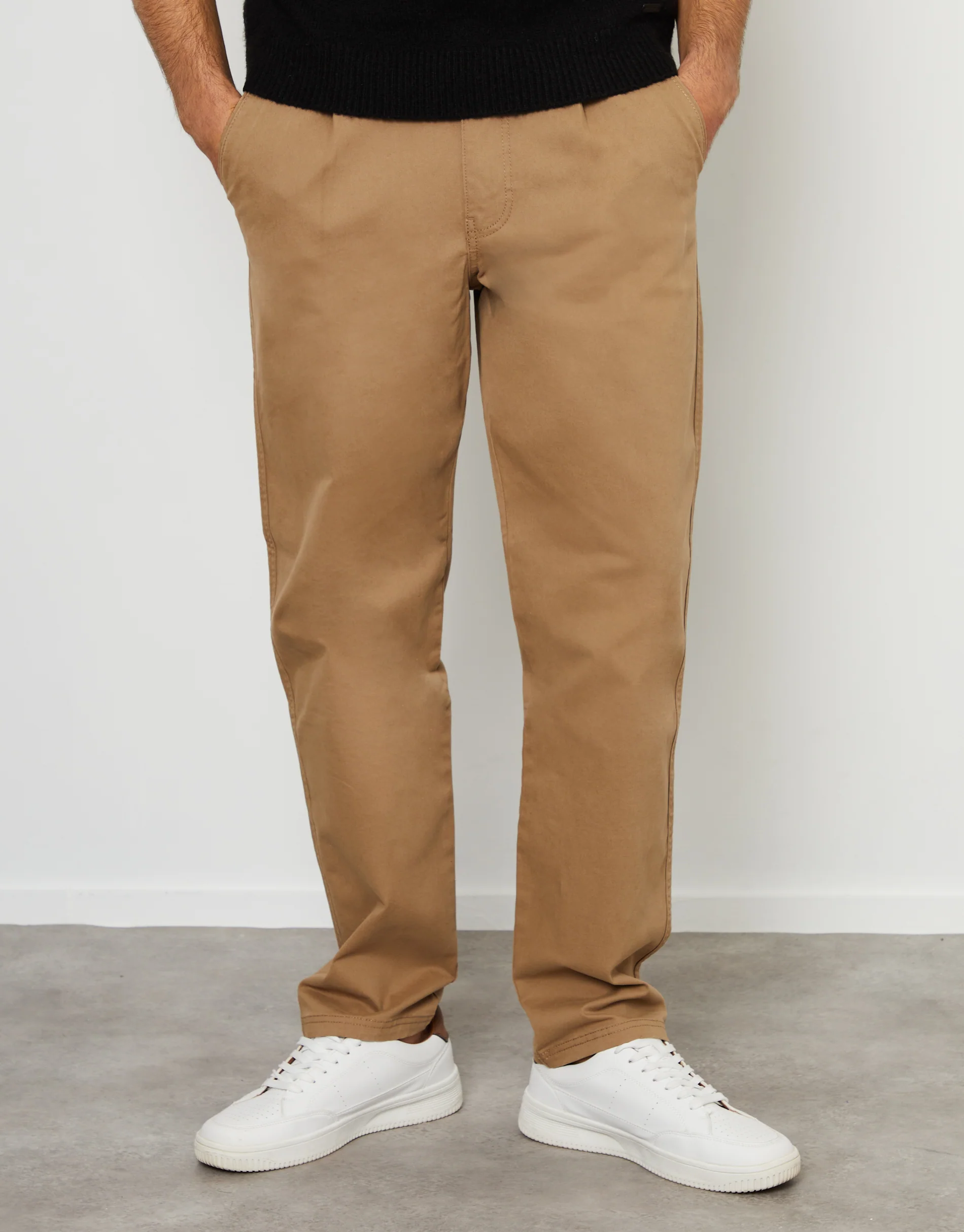 Straight Leg Pleated Chino Trousers in Dark Stone - Image 2