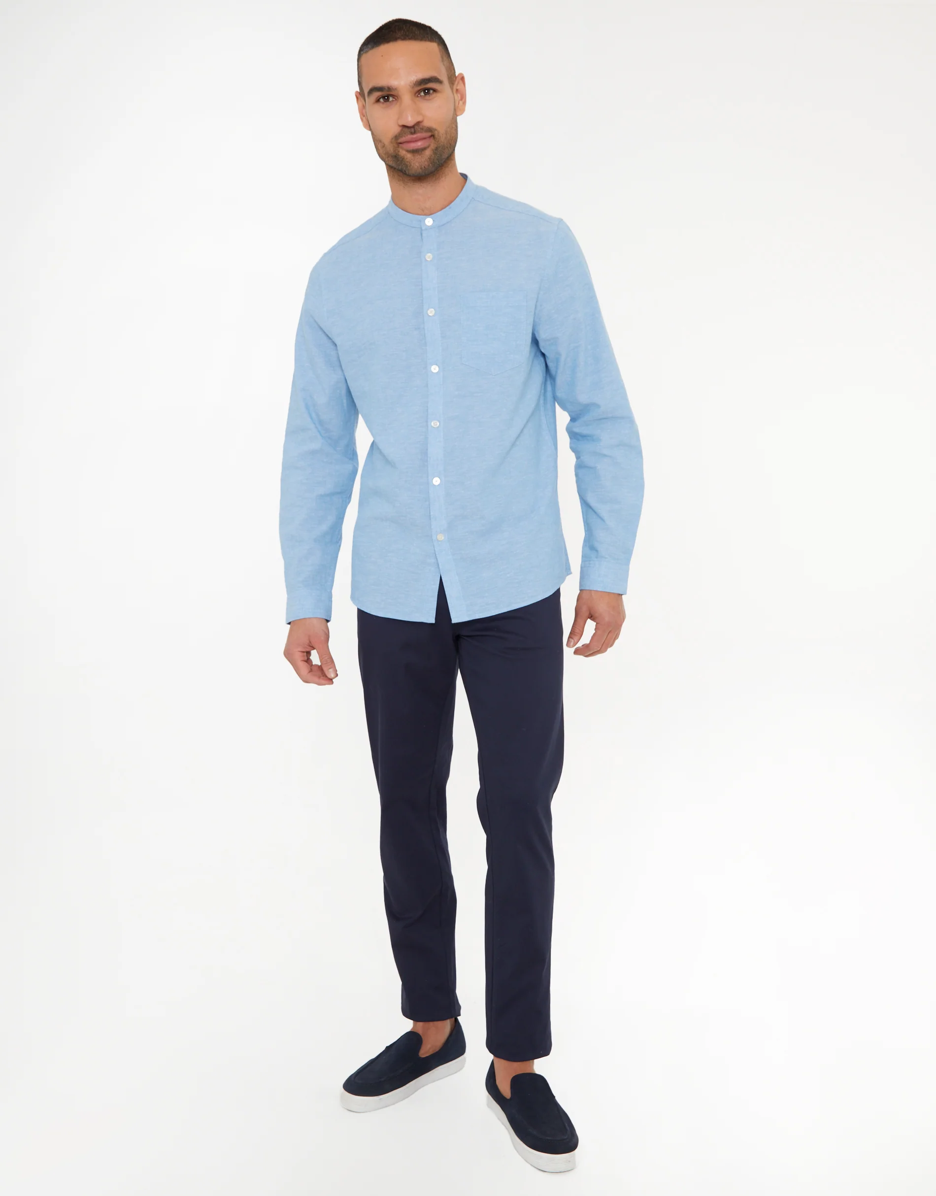 Grandad Collar Linen Blend Long Sleeve Shirt in Denim Blue - Image 3