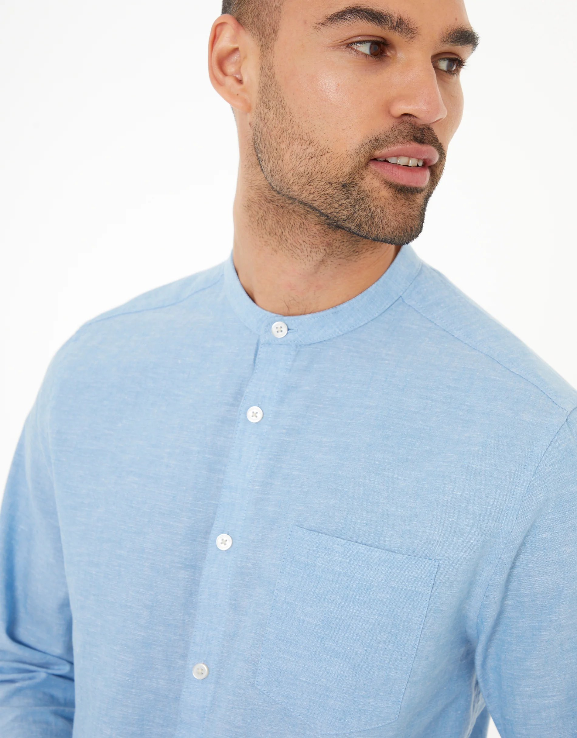Grandad Collar Linen Blend Long Sleeve Shirt in Denim Blue - Image 4