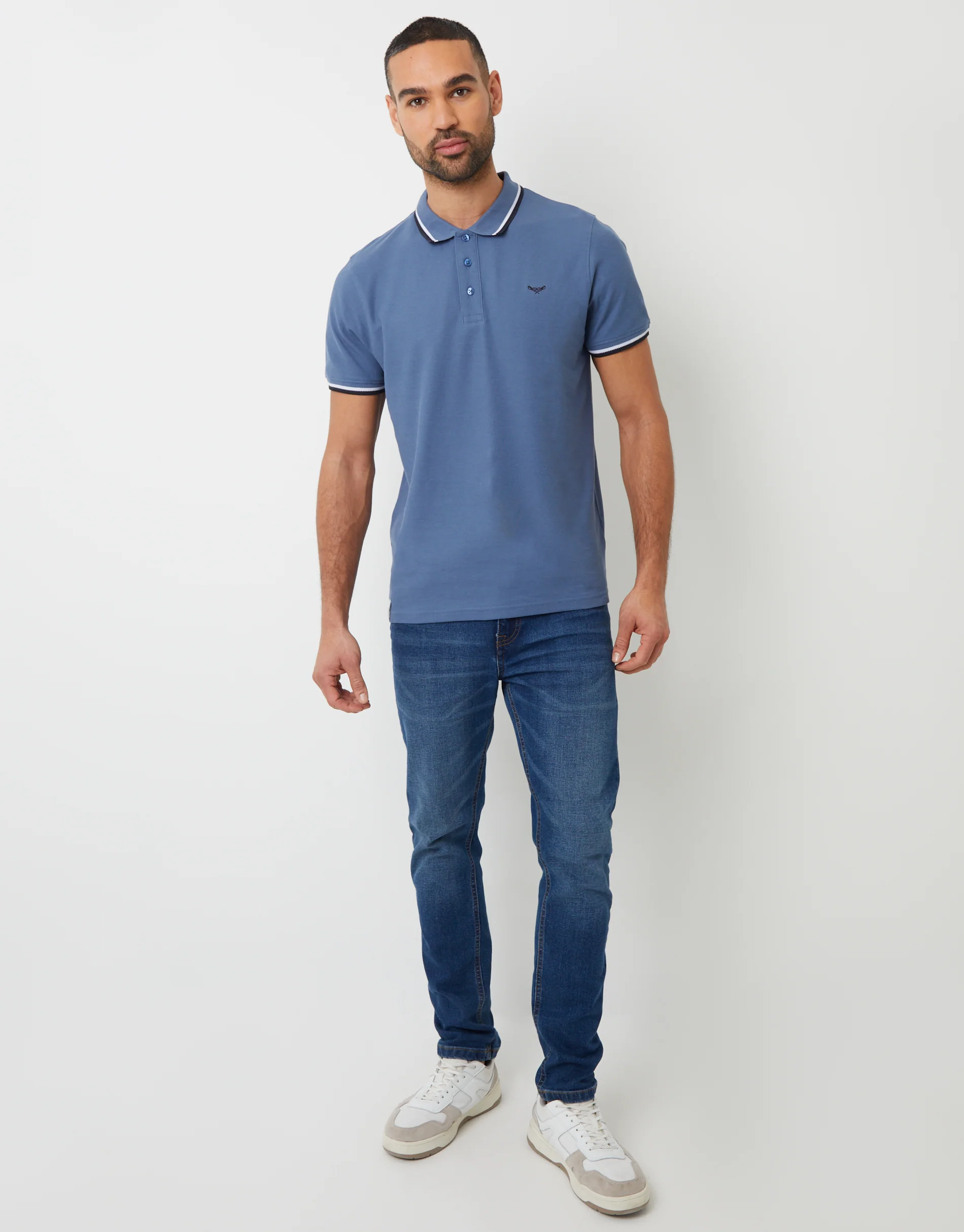 Herringbone Tipping Detail Pique Polo Shirt in Denim Blue - Image 3