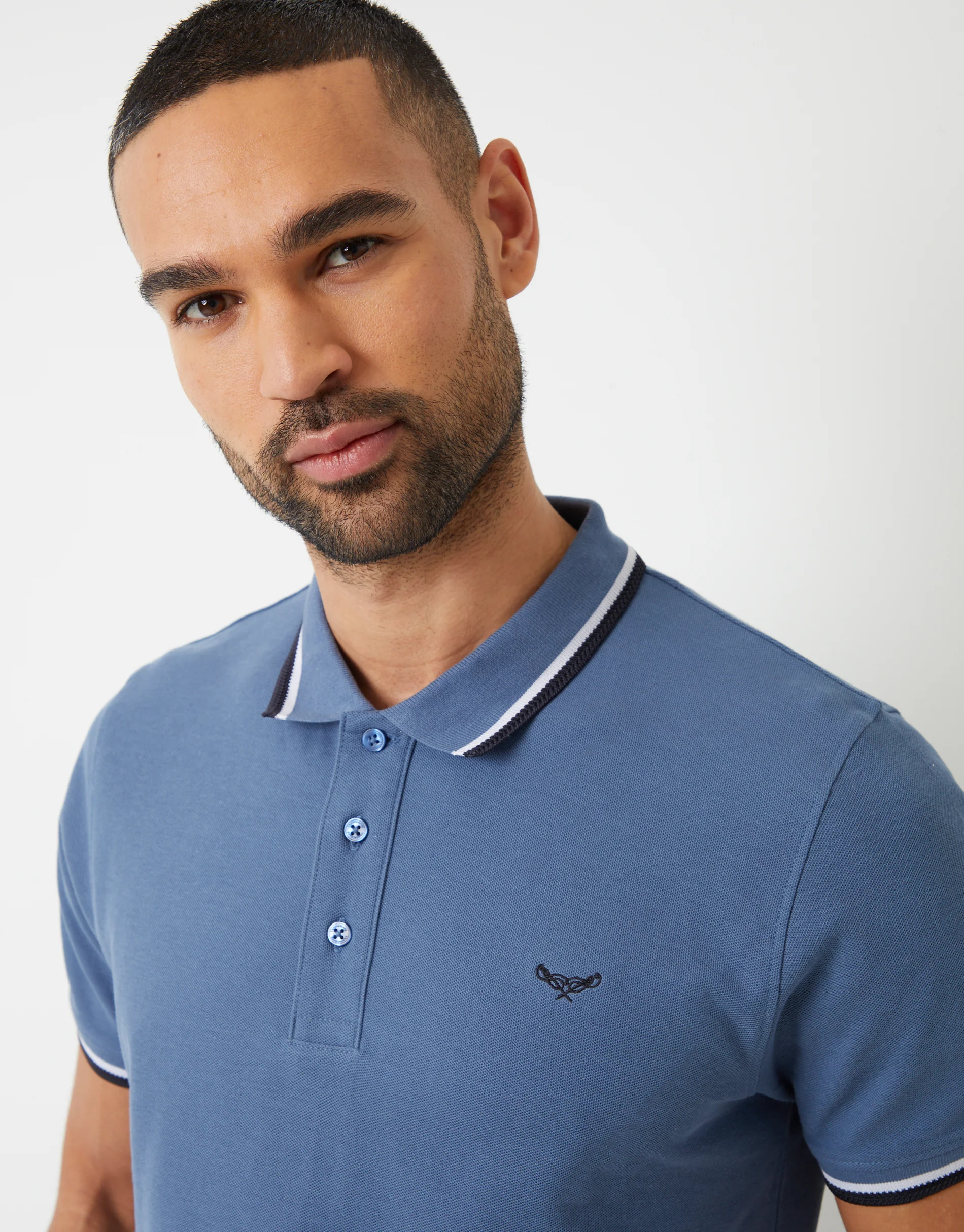 Herringbone Tipping Detail Pique Polo Shirt in Denim Blue - Image 4
