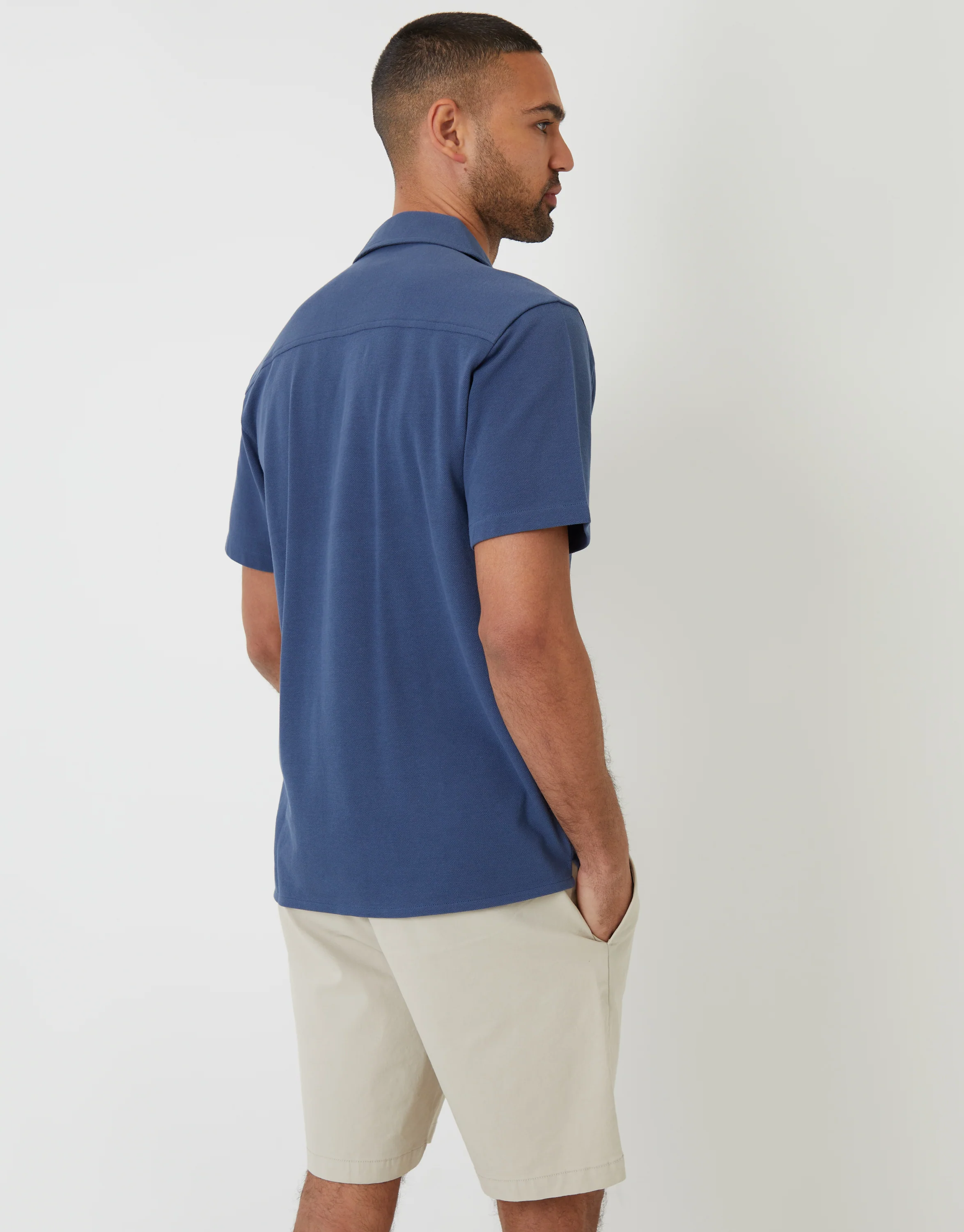 Jersey Pique Revere Collar Short Sleeve Shirt in Denim Blue - Image 2