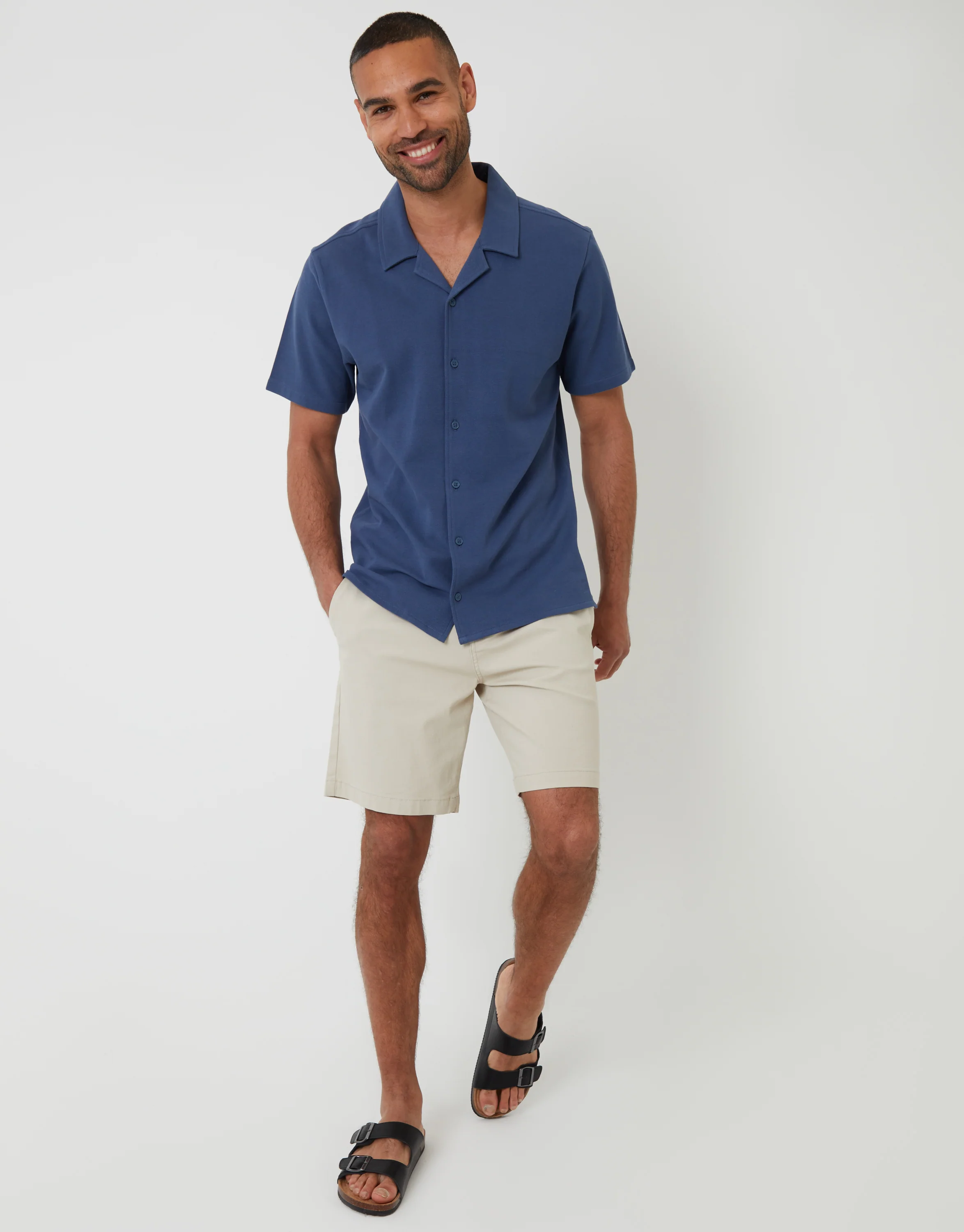 Jersey Pique Revere Collar Short Sleeve Shirt in Denim Blue - Image 3