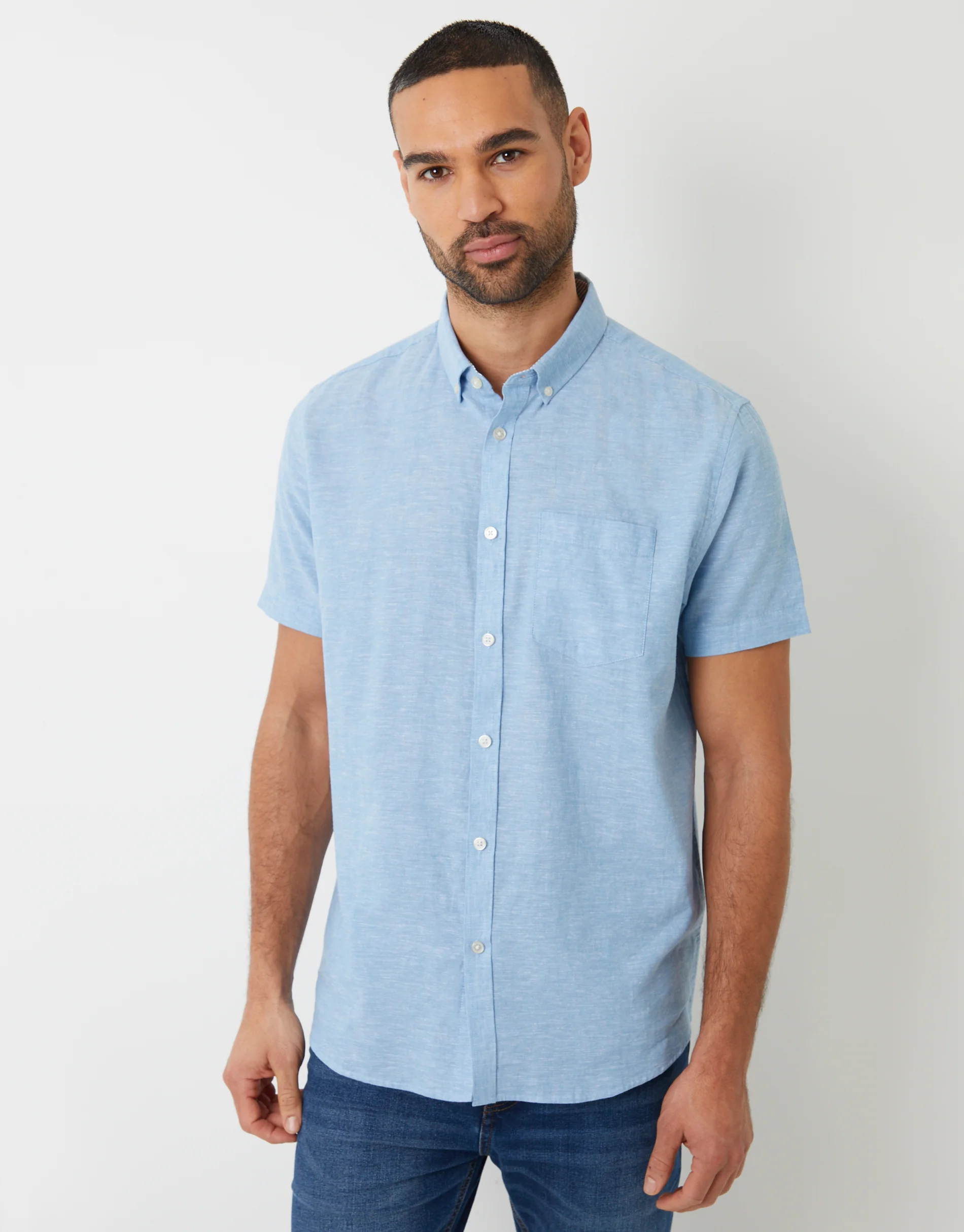 Short Sleeve Linen Blend Shirt in Denim Blue