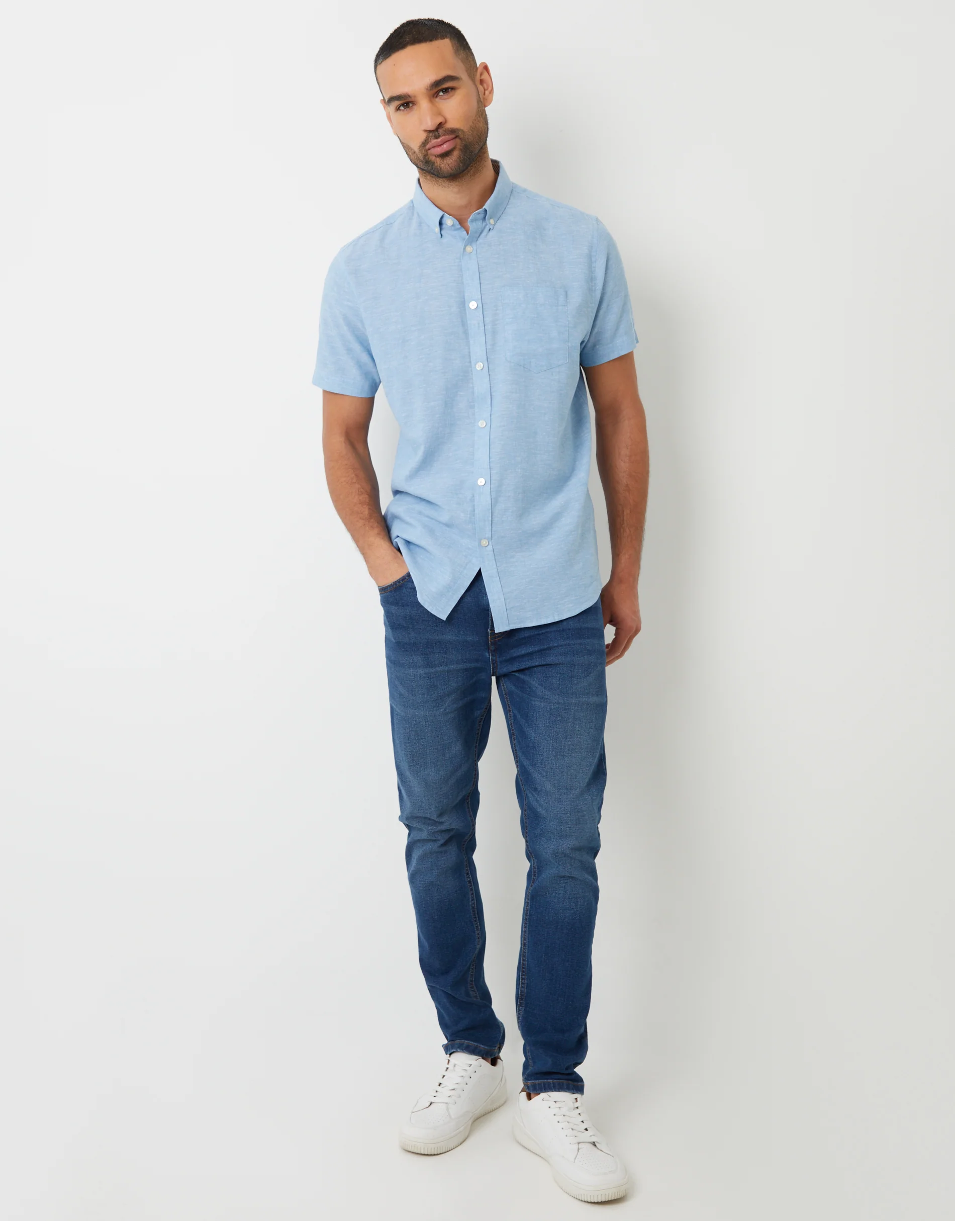 Short Sleeve Linen Blend Shirt in Denim Blue - Image 3