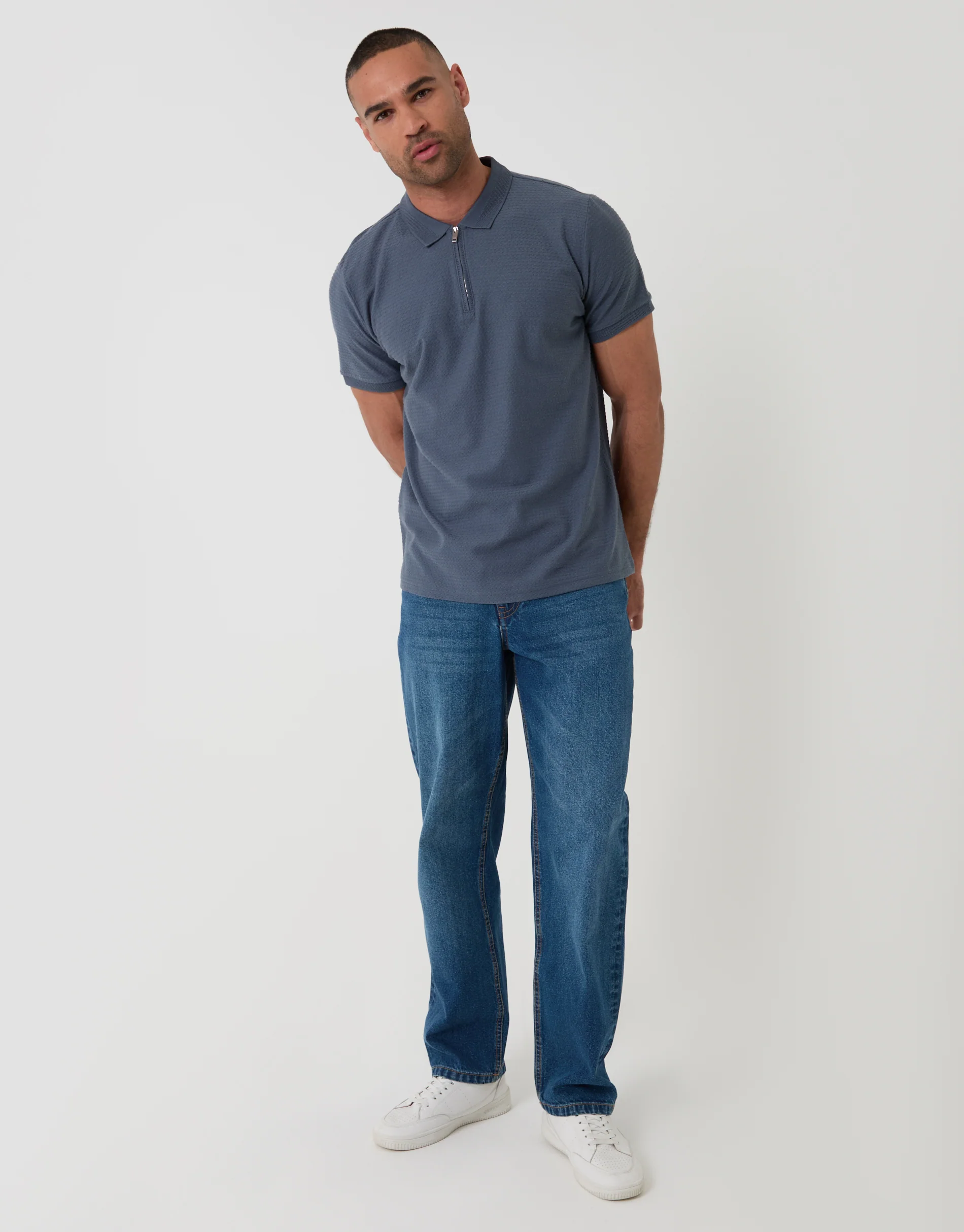 Textured Quarter Zip Polo Shirt in Denim Blue - Image 3
