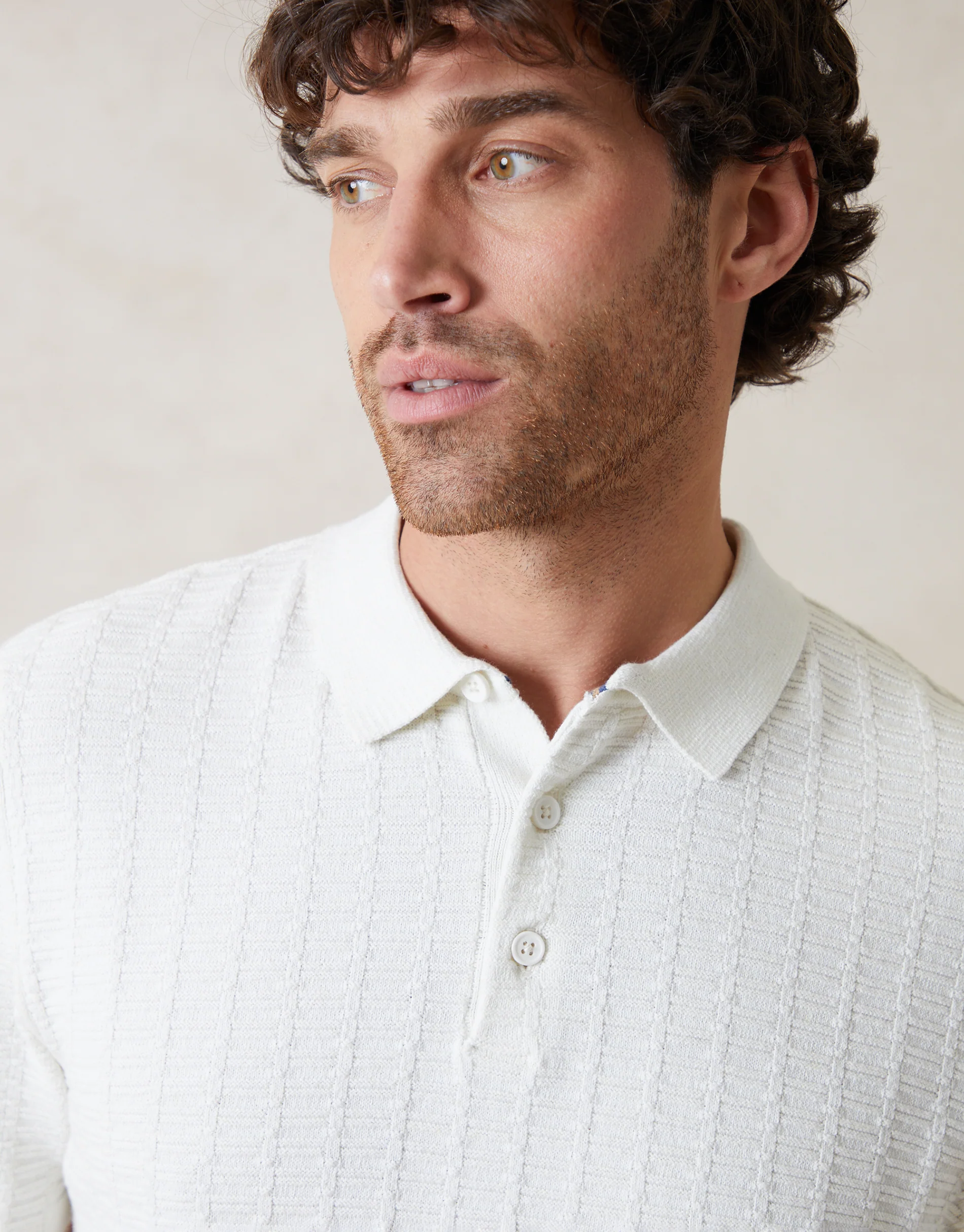 Button Collar Textured Knit Polo in Ecru - Image 5
