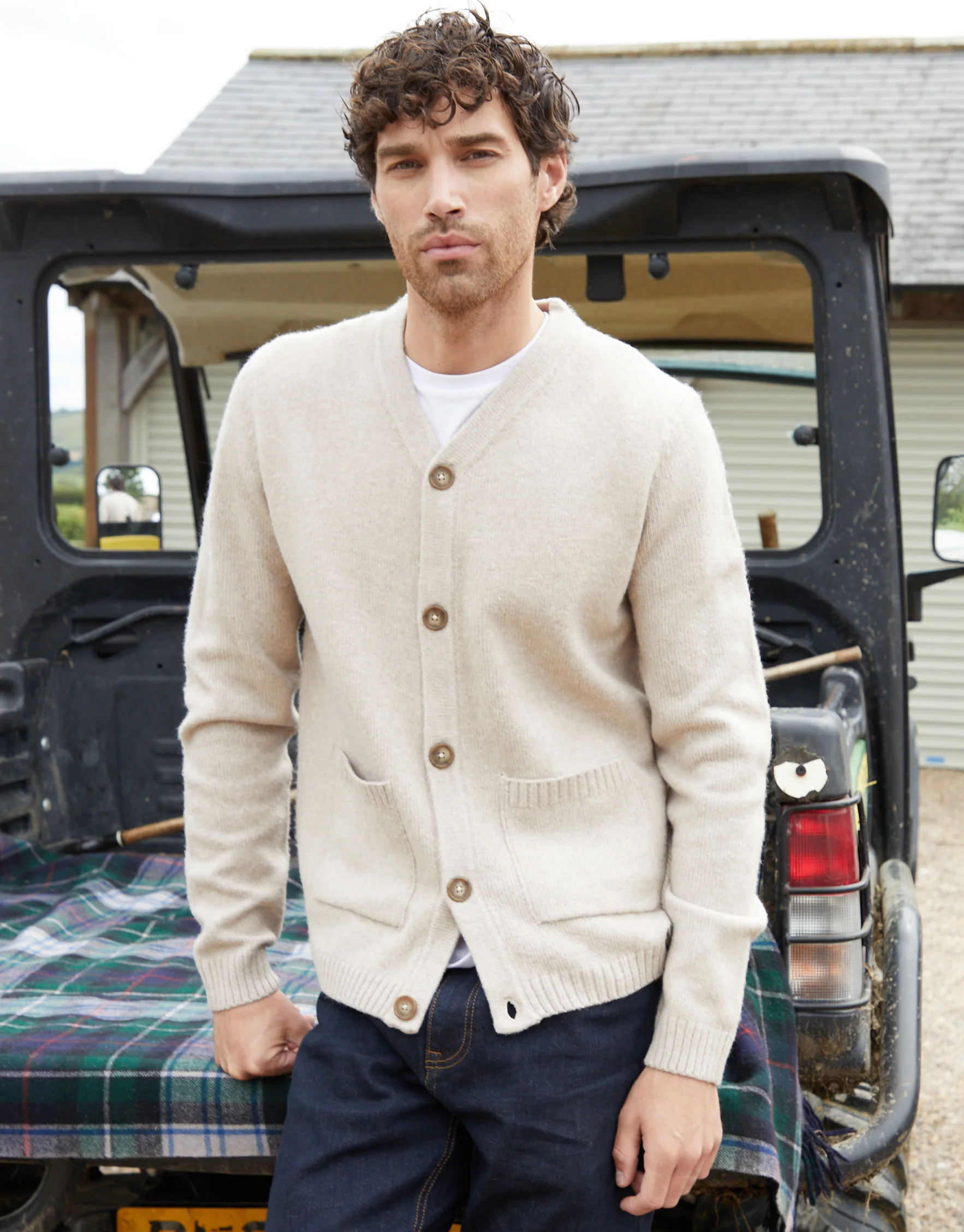 Knitted Button Up Patch Pocket Cardigan in Ecru