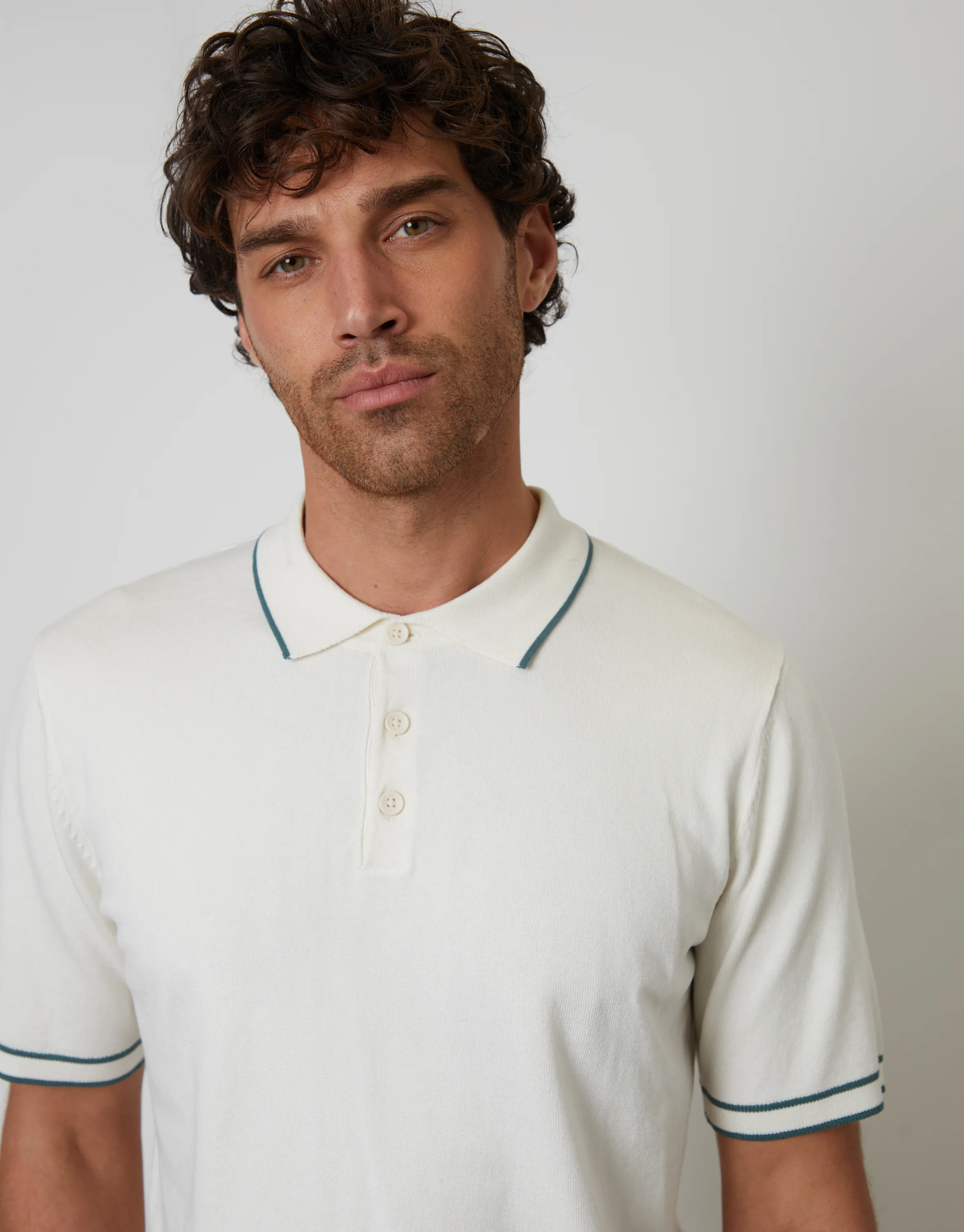 Knitted Short Sleeve Polo in Ecru - Image 4
