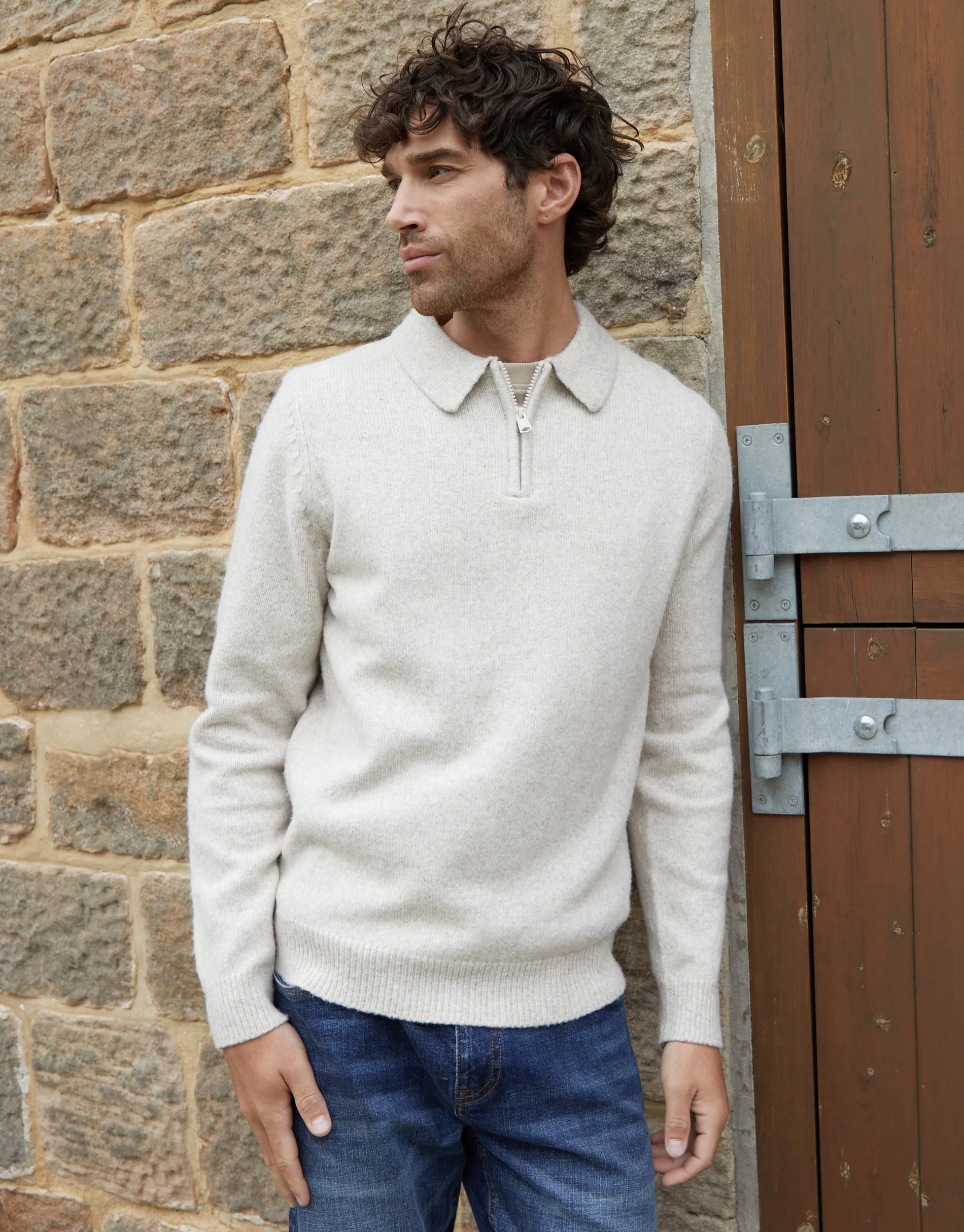Long Sleeve Quarter Zip Polo Jumper in Ecru Marl