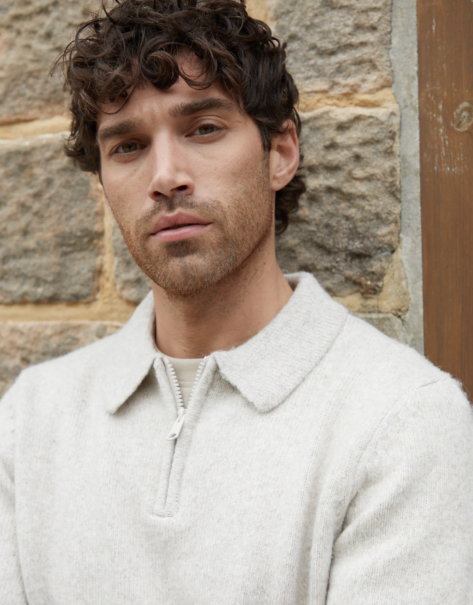 Long Sleeve Quarter Zip Polo Jumper in Ecru Marl - Image 4