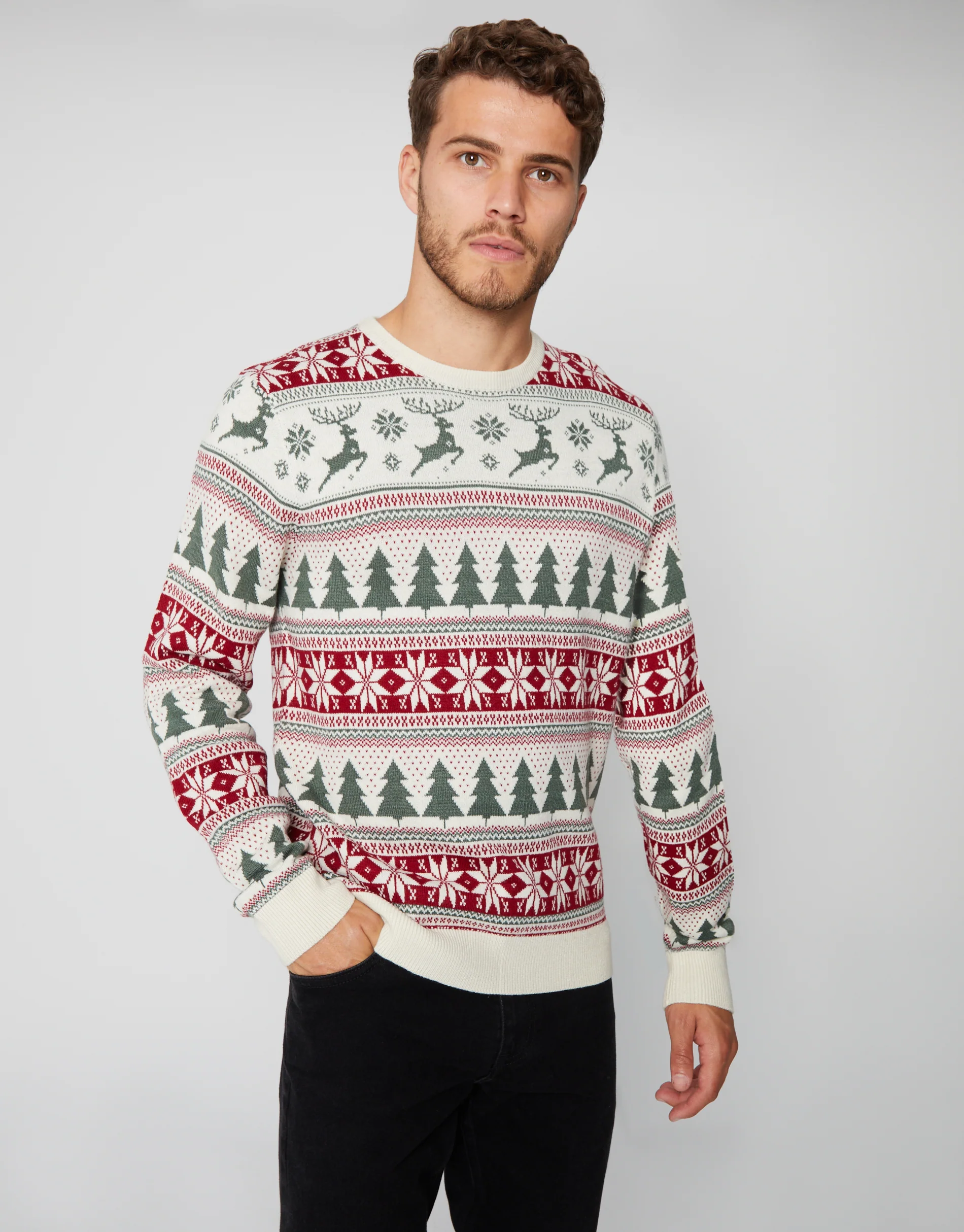 Fairisle Christmas Crew Neck Jumper in Ecru - Image 2