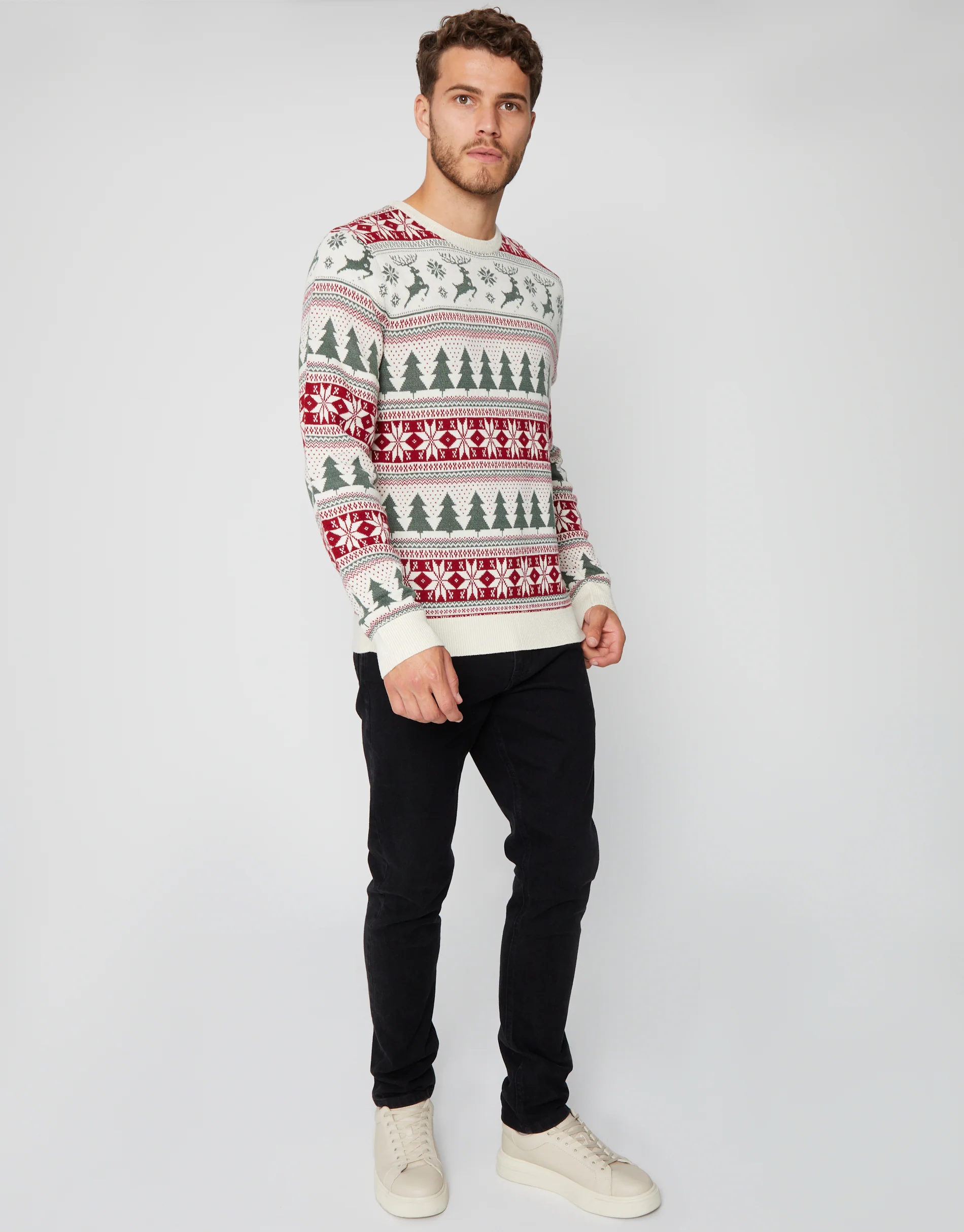 Fairisle Christmas Crew Neck Jumper in Ecru - Image 4