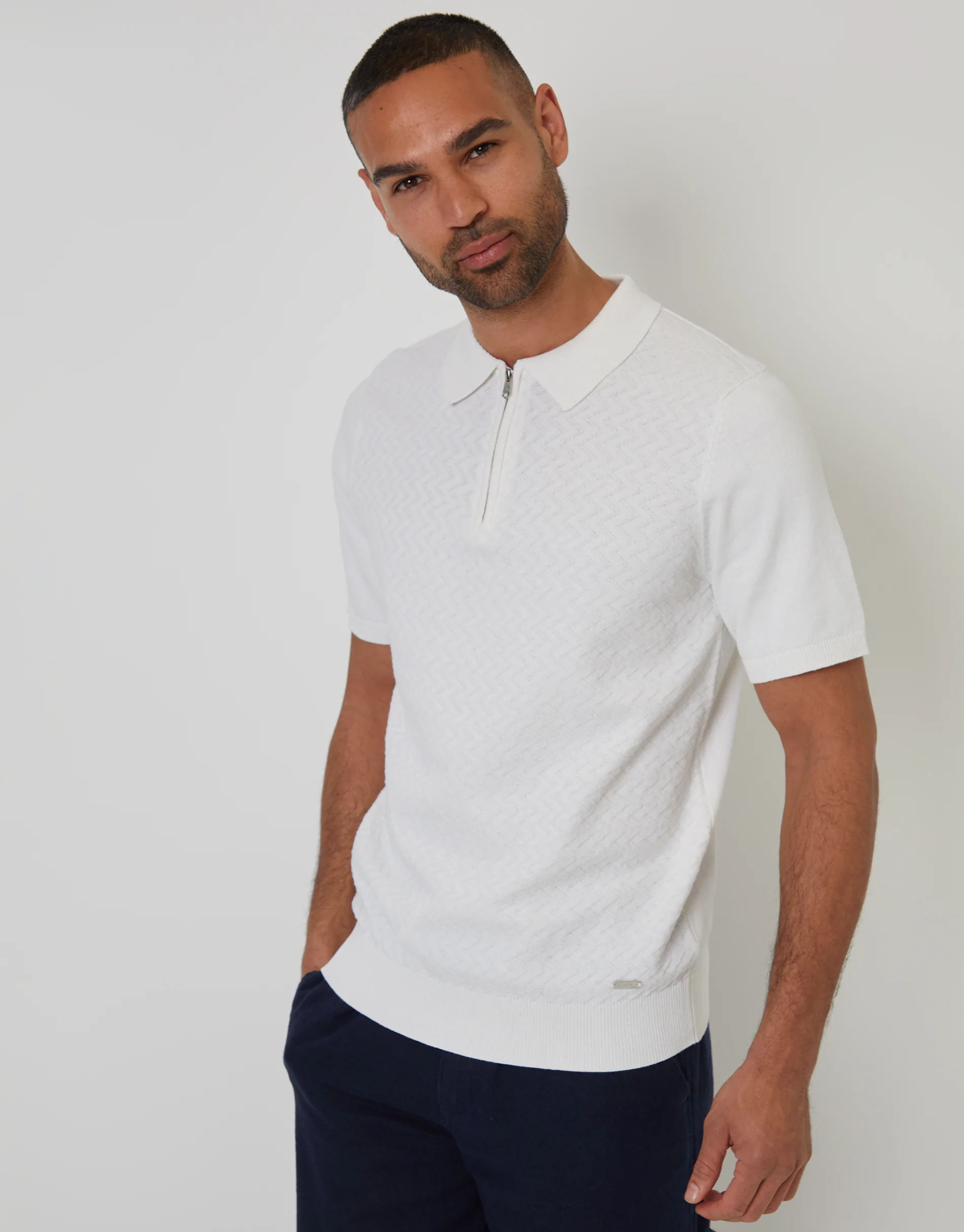 Textured Front Quarter Zip Knitted Polo in Ecru - Image 2