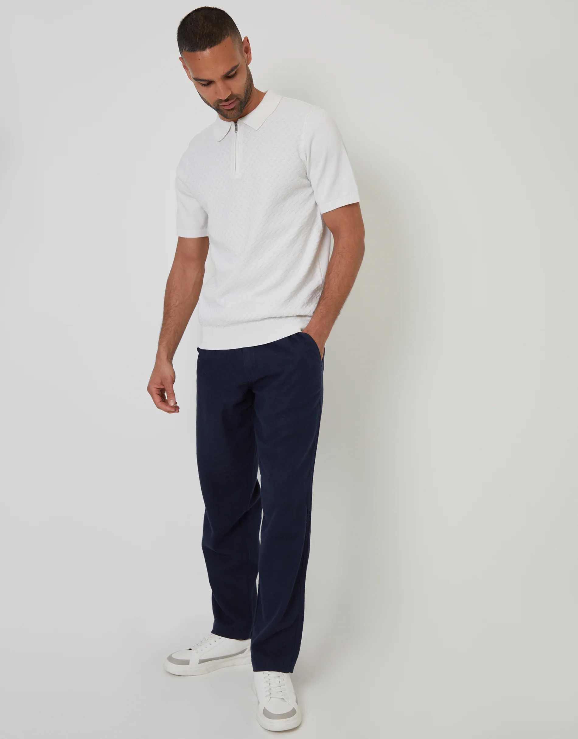 Textured Front Quarter Zip Knitted Polo in Ecru - Image 4