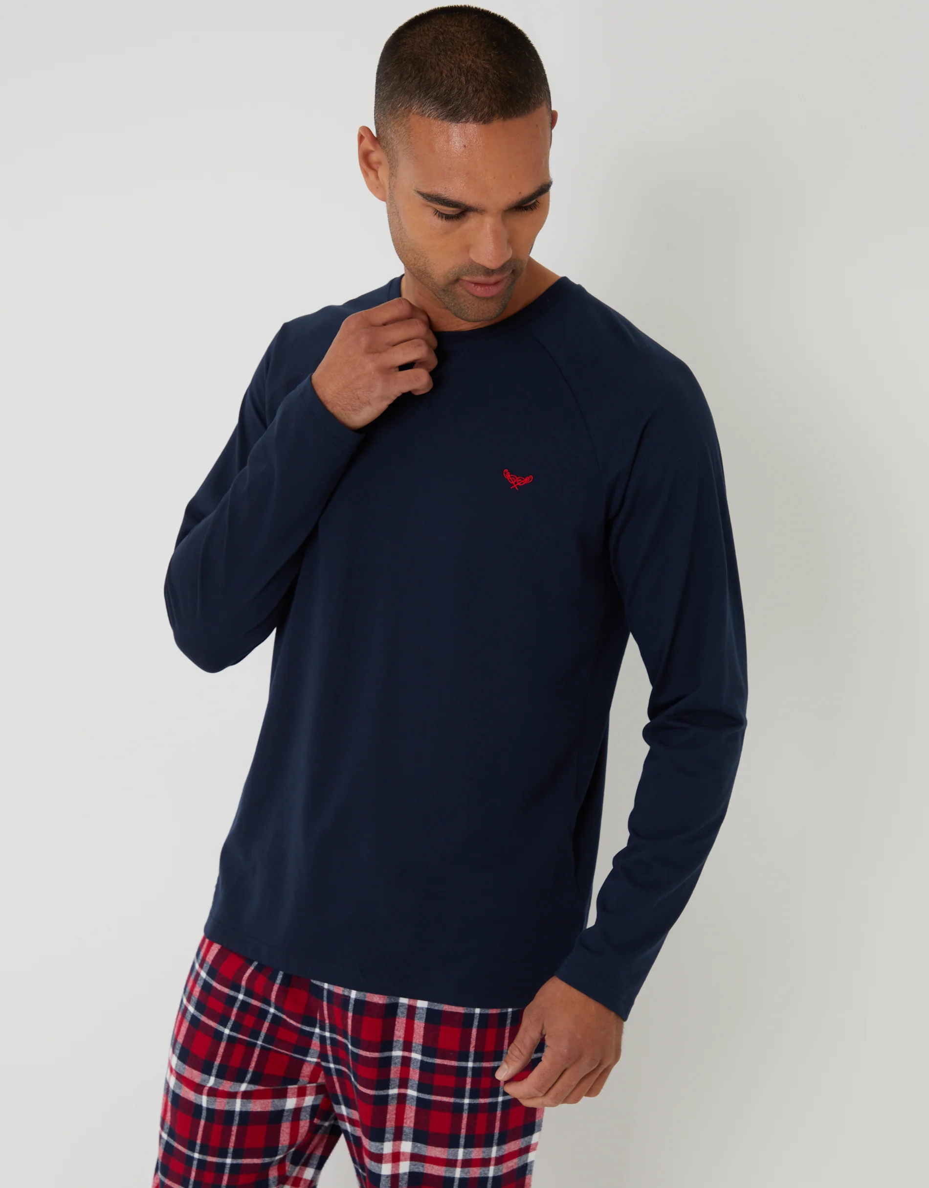Pyjama Sweatshirt & Bottoms Set in Navy & Red Check - Image 3