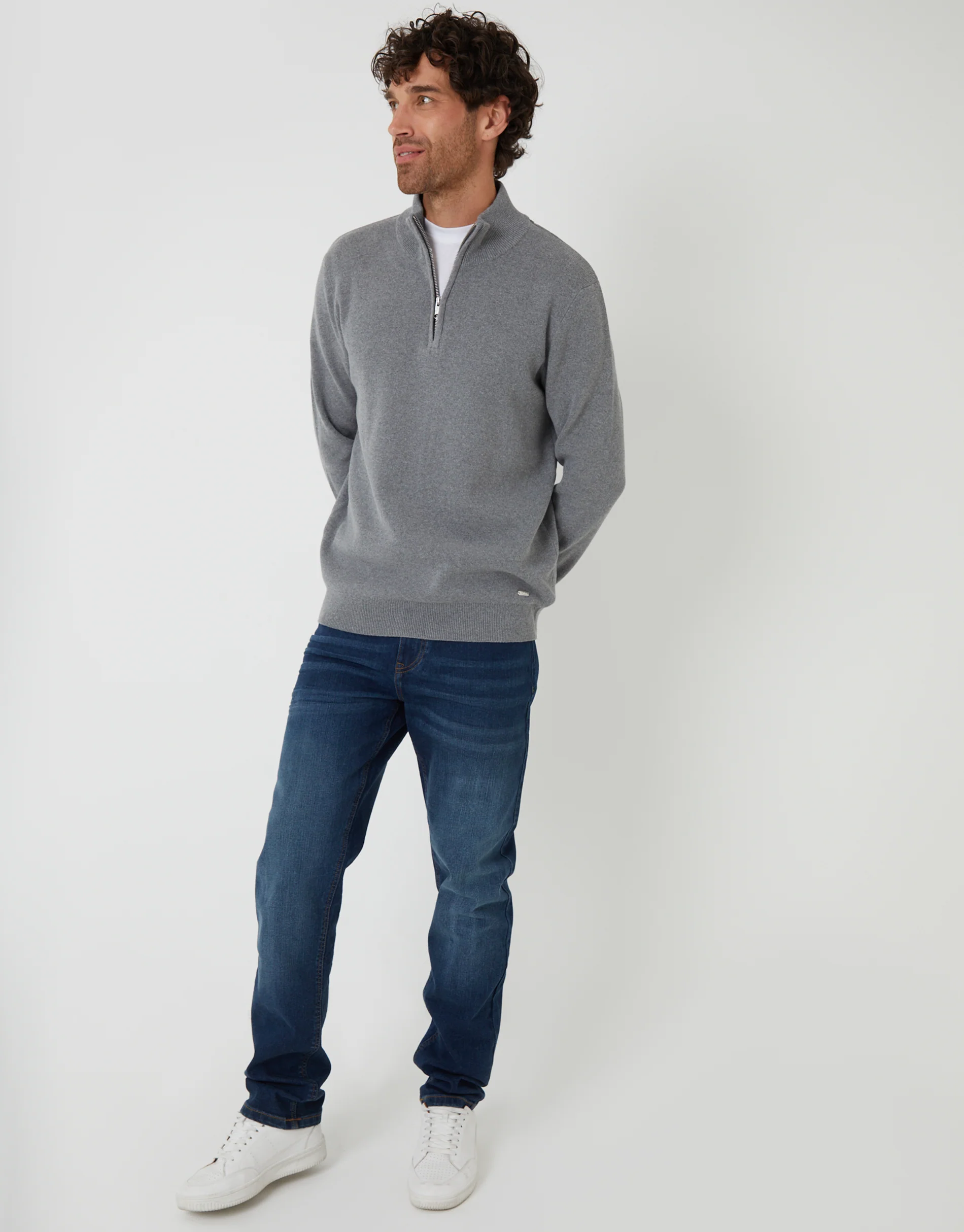 Knitted Quarter Zip Jumper in Grey - Image 3