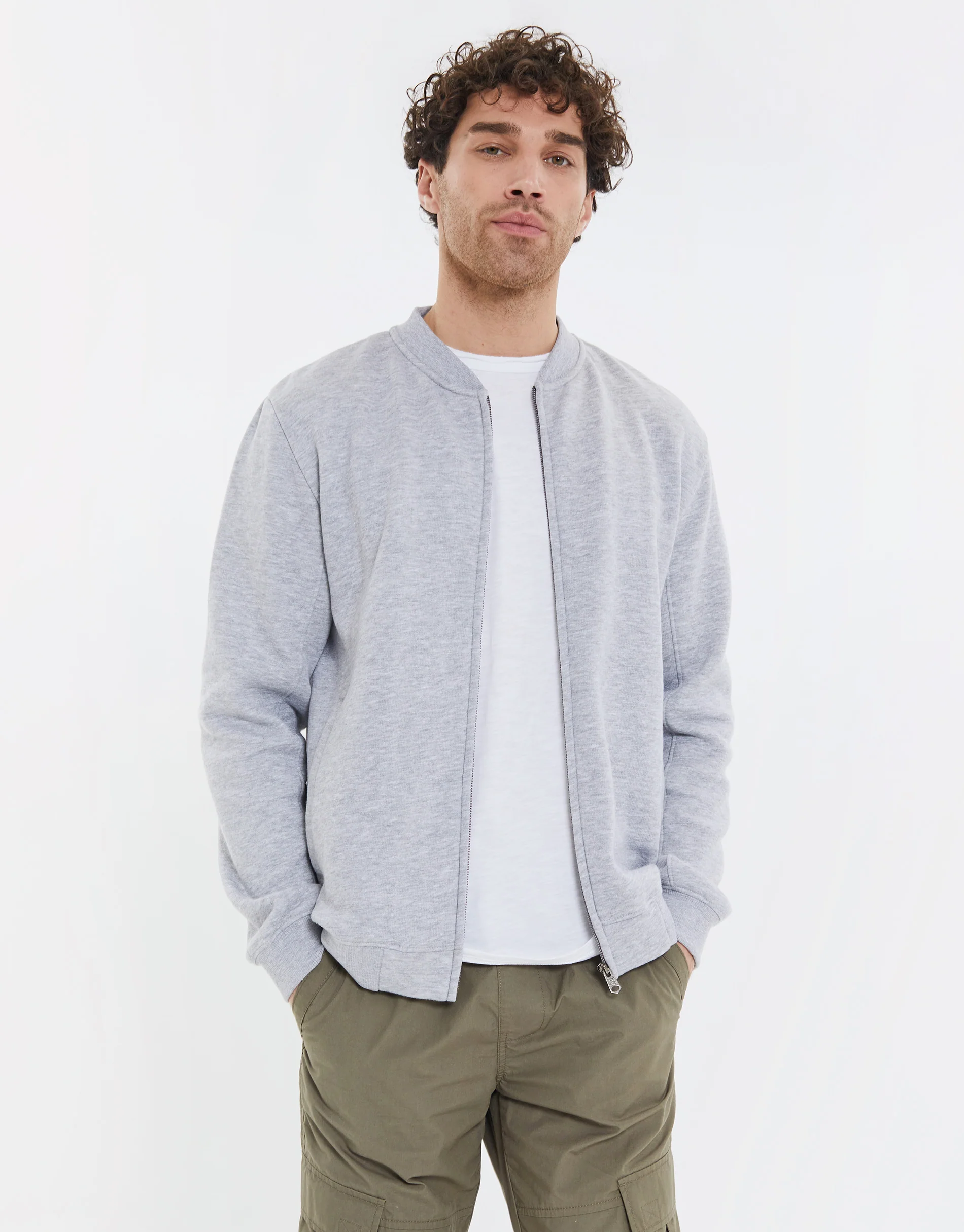 Zip Up Fleece Varsity Jacket in Grey Marl