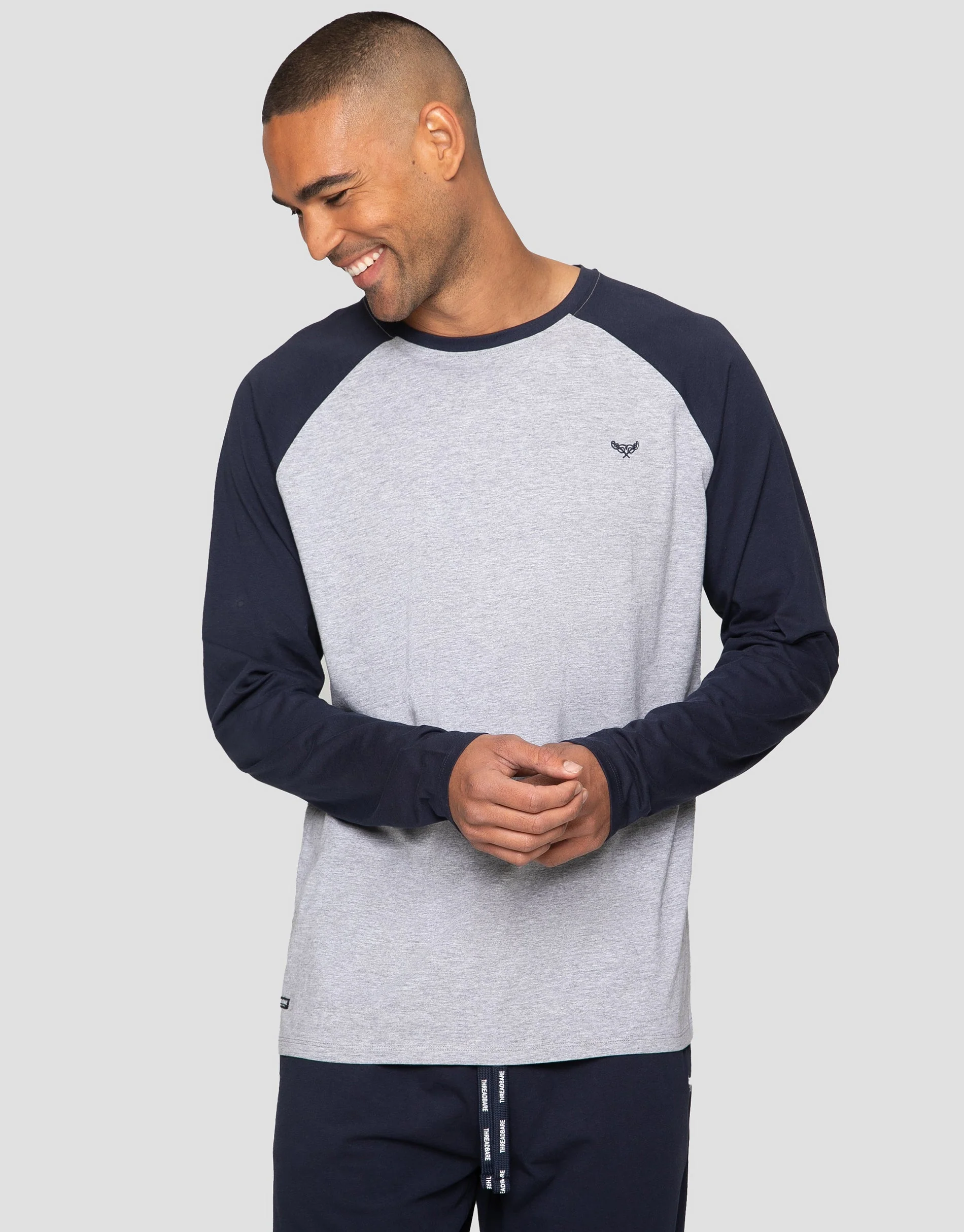Raglan Sleeve Pyjama Set in Grey & Navy - Image 3