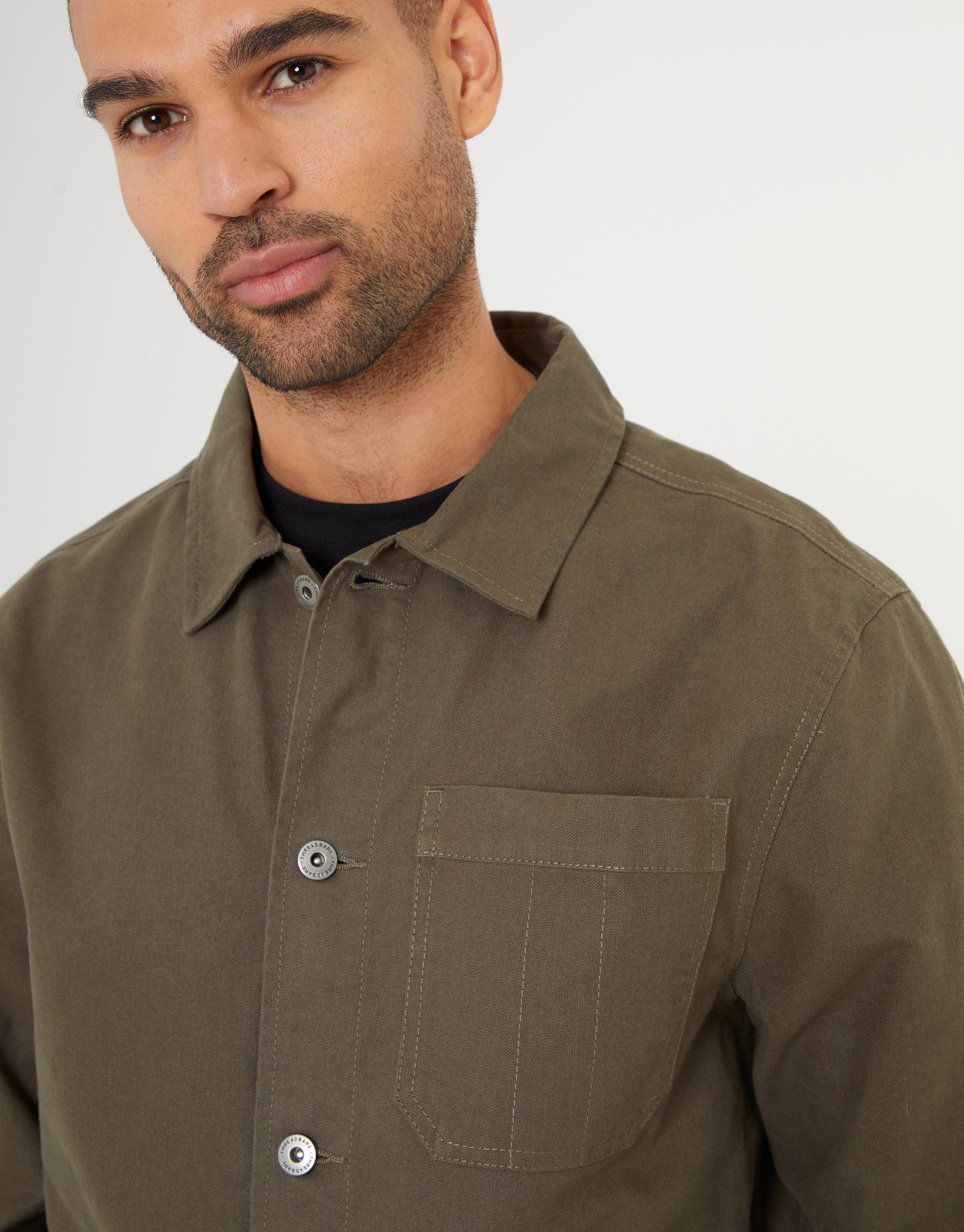 Button Up Lightweight Collared Utility Jacket in Khaki Green - Image 4