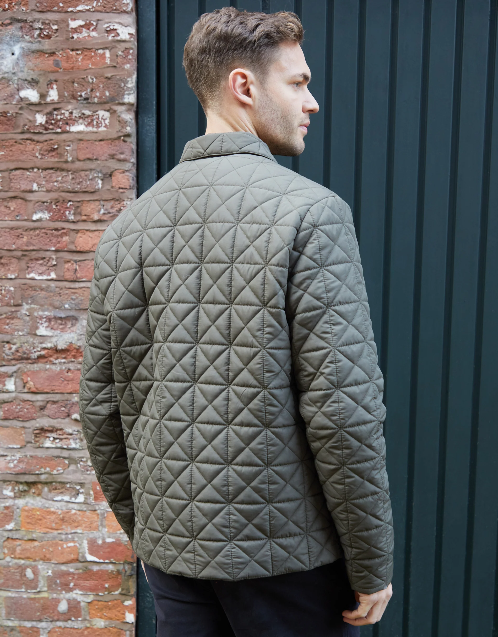 Collared Quilted Jacket in Khaki Green - Image 2