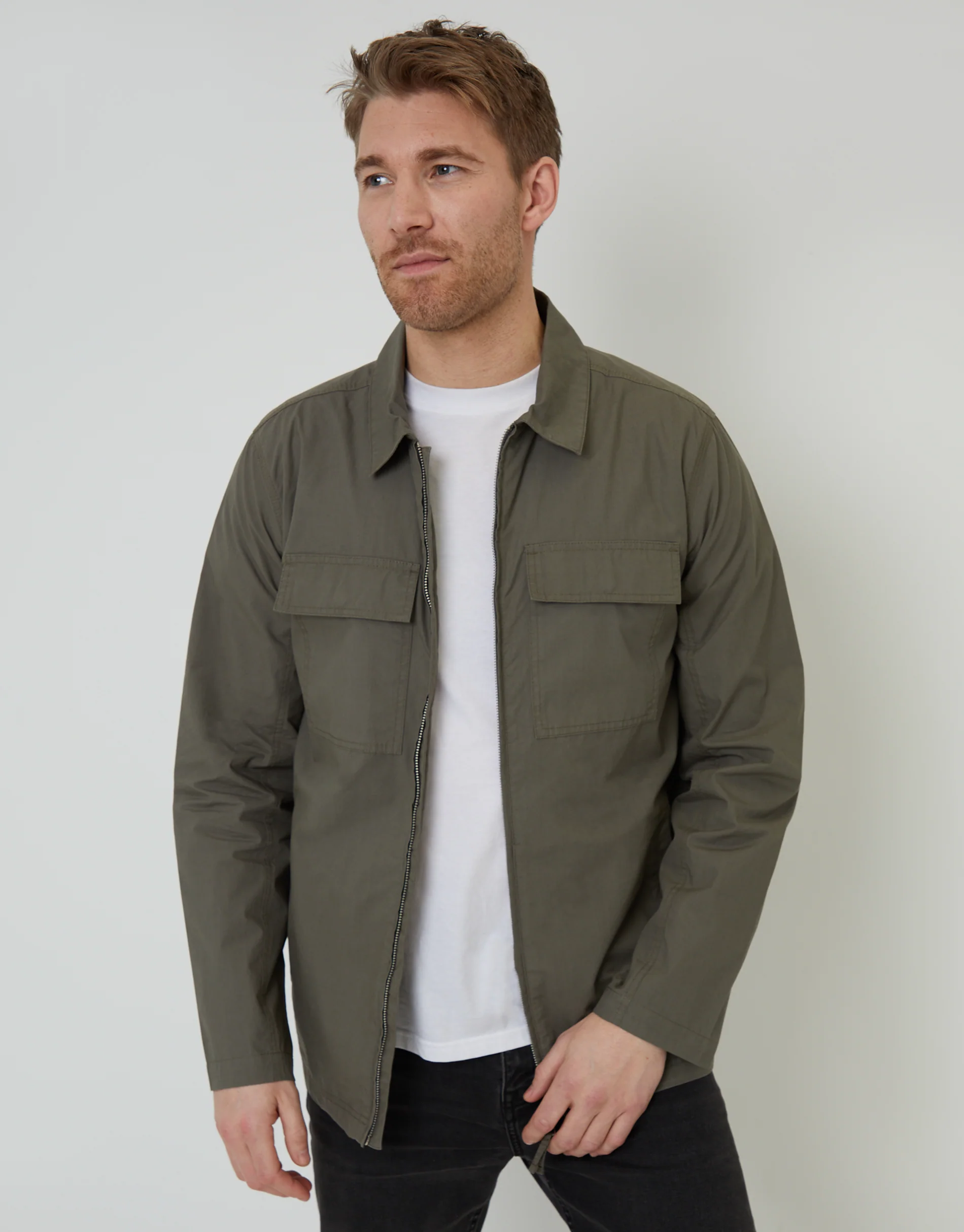 Cotton Poplin Lightweight Collared Jacket in Khaki Green