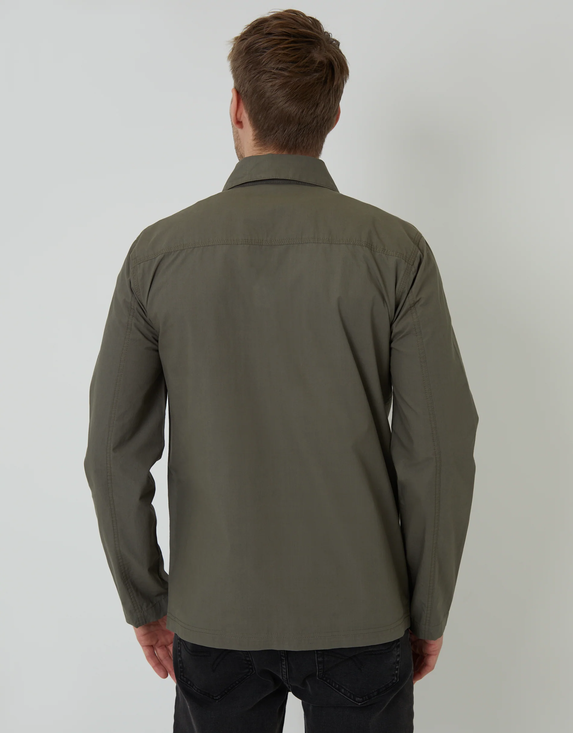 Cotton Poplin Lightweight Collared Jacket in Khaki Green - Image 2