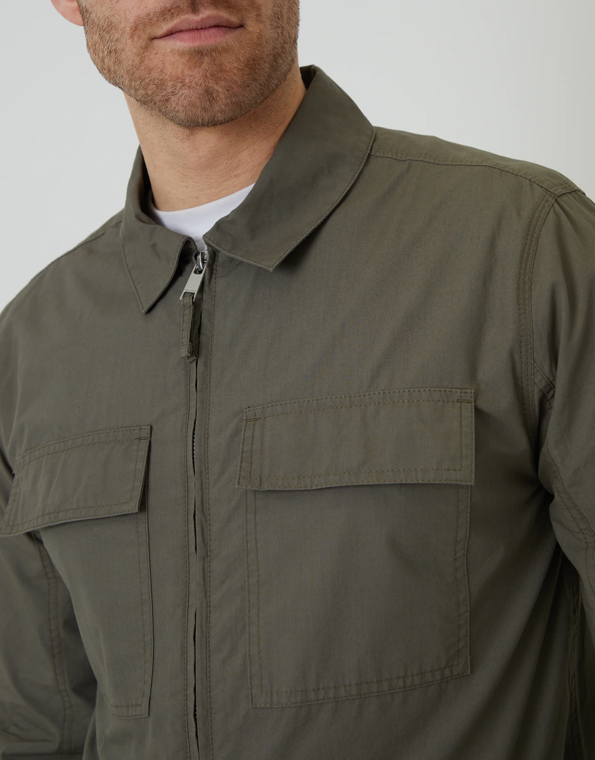 Cotton Poplin Lightweight Collared Jacket in Khaki Green - Image 4