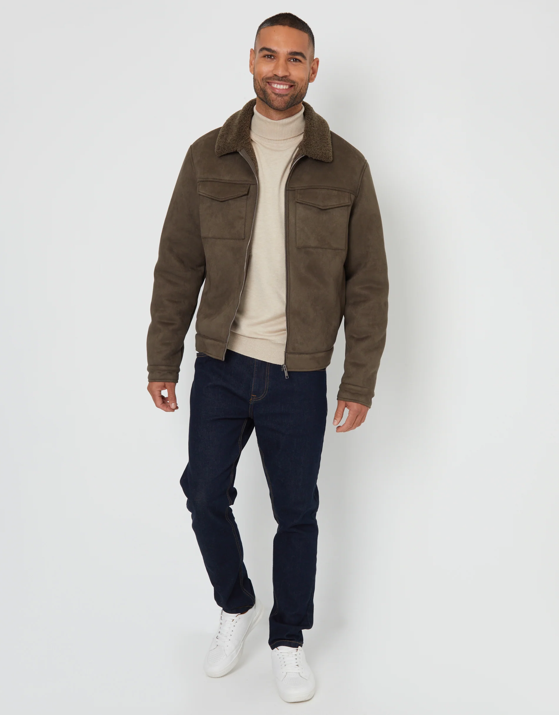 Faux Suede Borg Lined Aviator Jacket in Khaki Green - Image 3