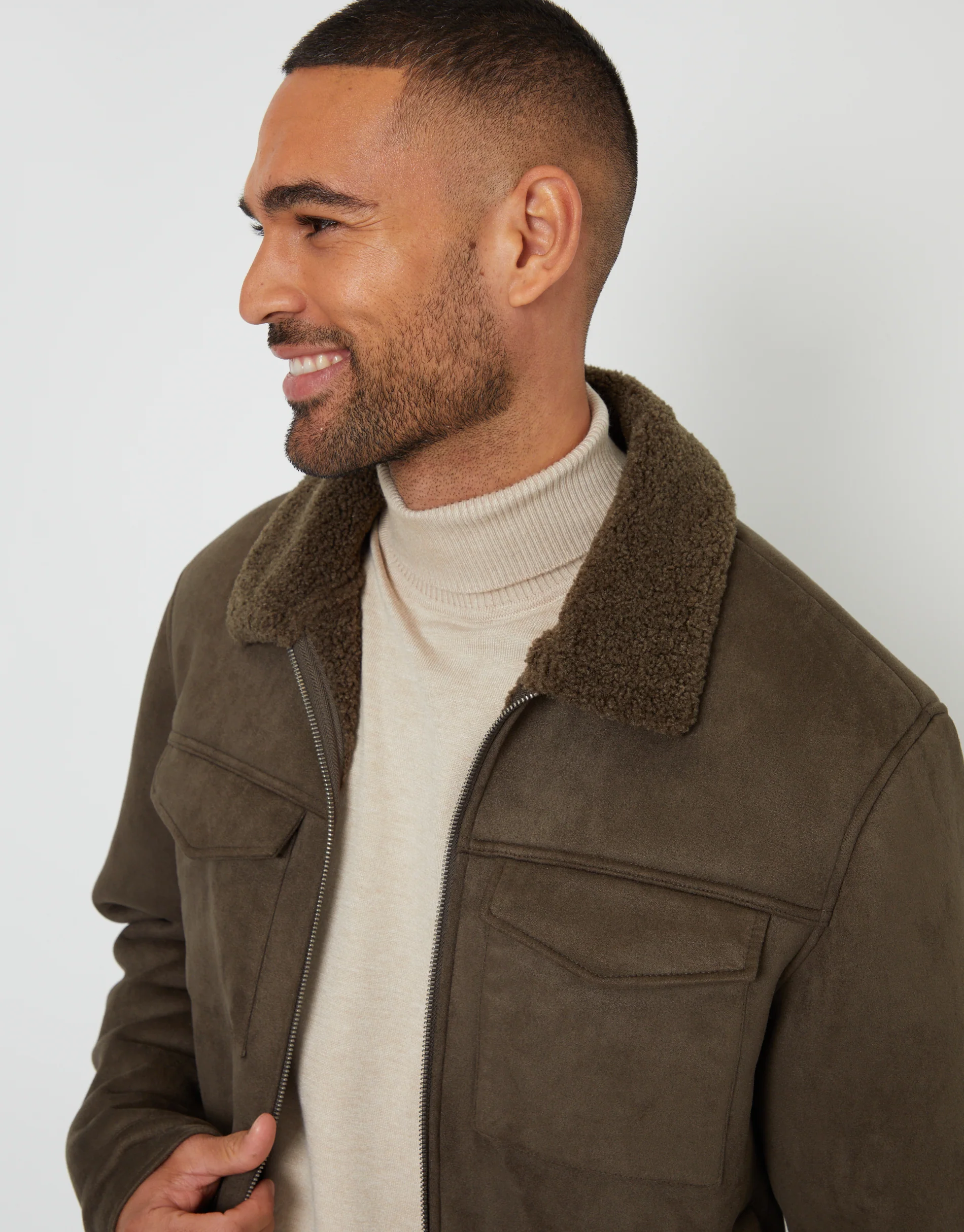 Faux Suede Borg Lined Aviator Jacket in Khaki Green - Image 4
