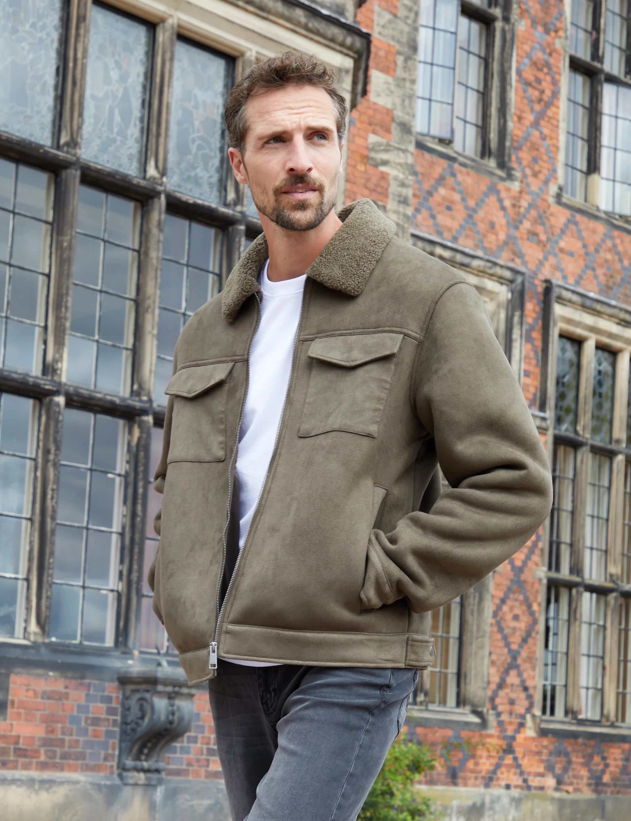 Faux Suede Borg Lined Aviator Jacket in Khaki Green - Image 5