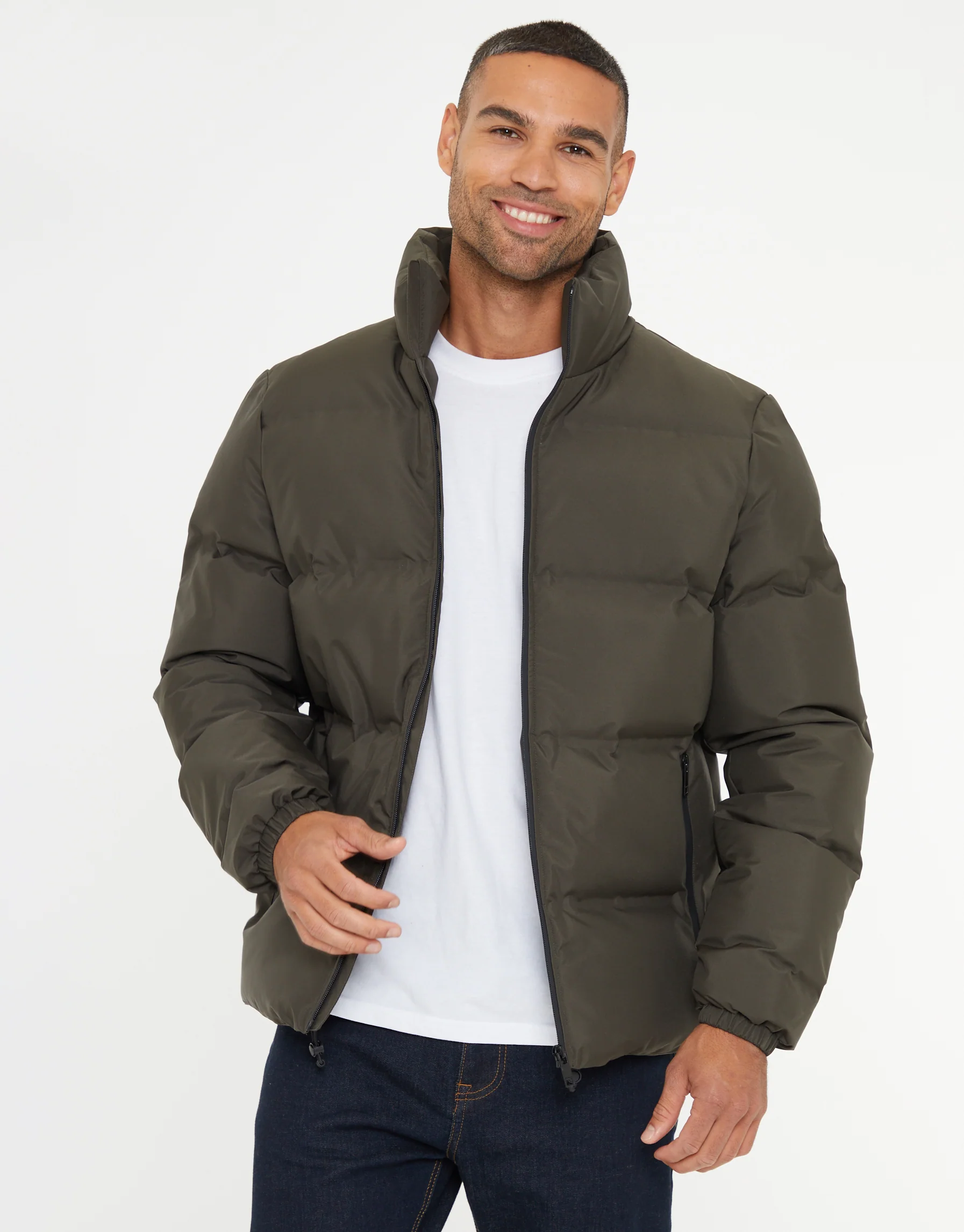 Funnel Neck Puffer Jacket in Khaki Green