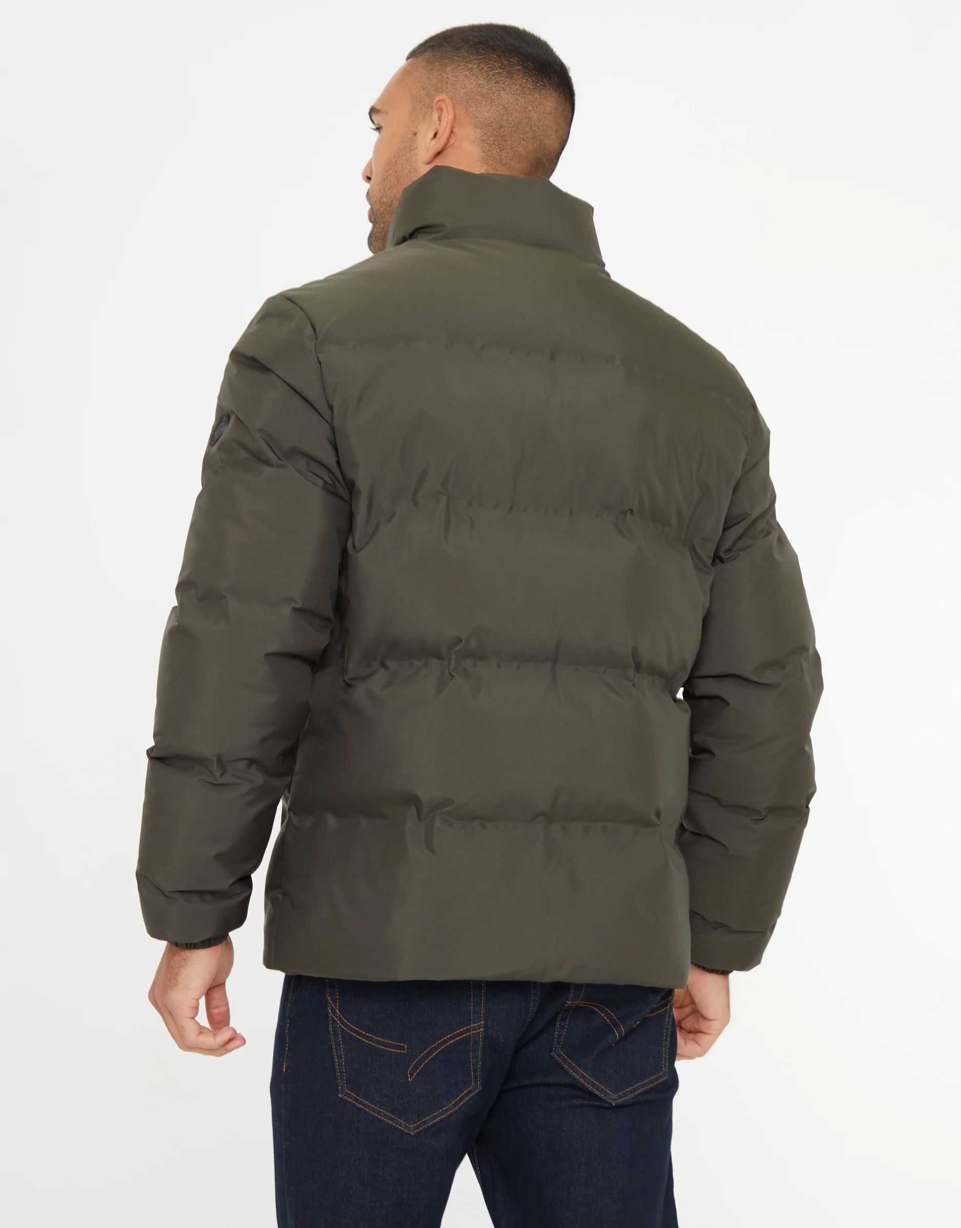 Funnel Neck Puffer Jacket in Khaki Green - Image 2